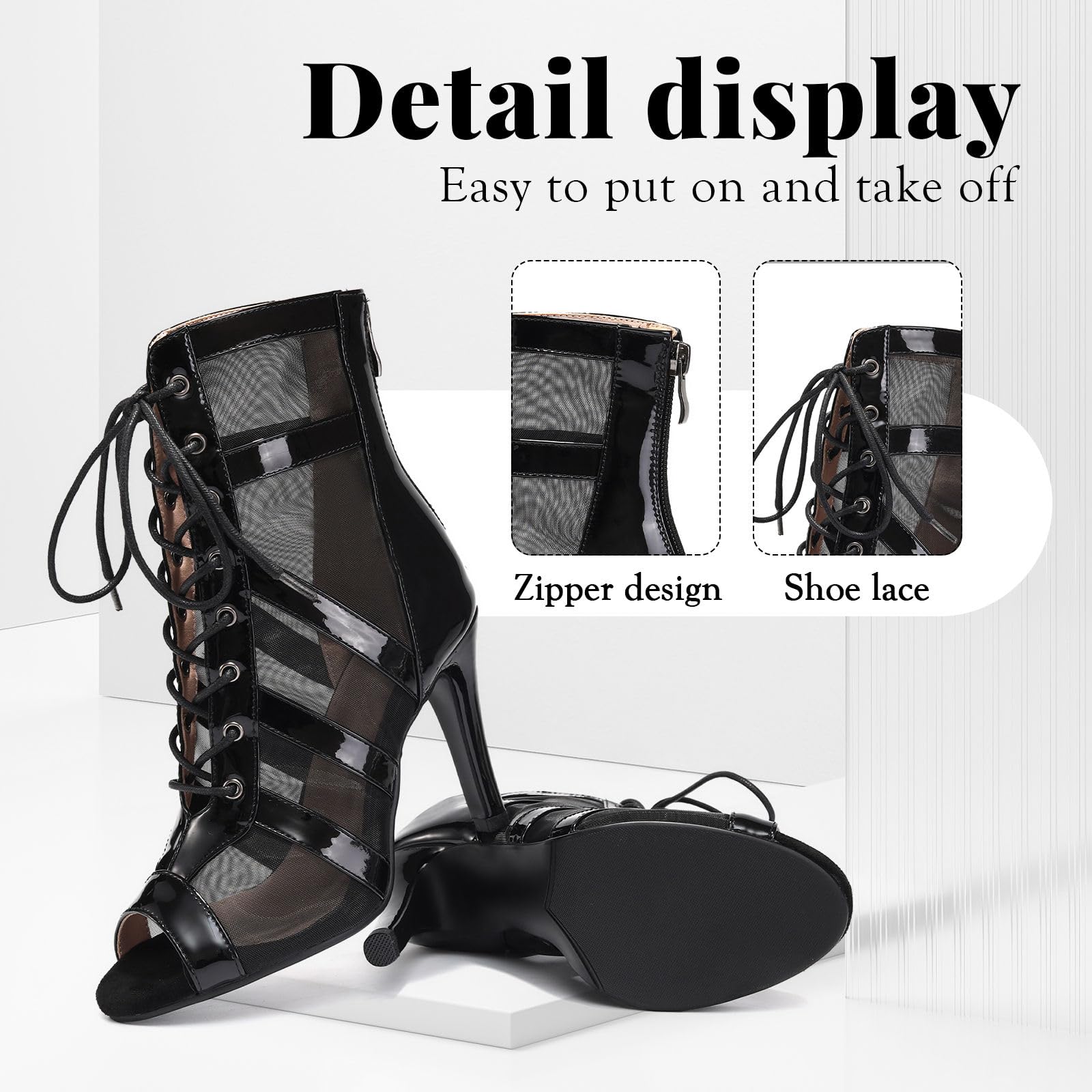 Stivali da Ballo Latino Americano Donna Punta Aperta Allacciati Stivali da Ballo Salsa e Bachata con Tacco 9.5cm