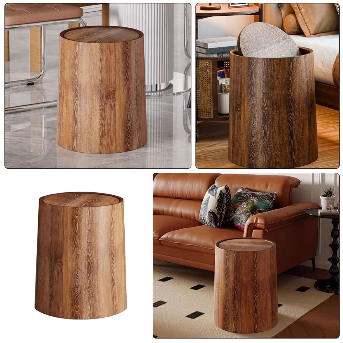 Kichvoe Papelera de Plástico Pp Imitación Madera 15l Tapa Abatible para Hogar y Oficina, Cubo de Basura Grande Decorativo para Baño, Sala y Dormitorio, Bote Resistente y Fácil de Limpiar