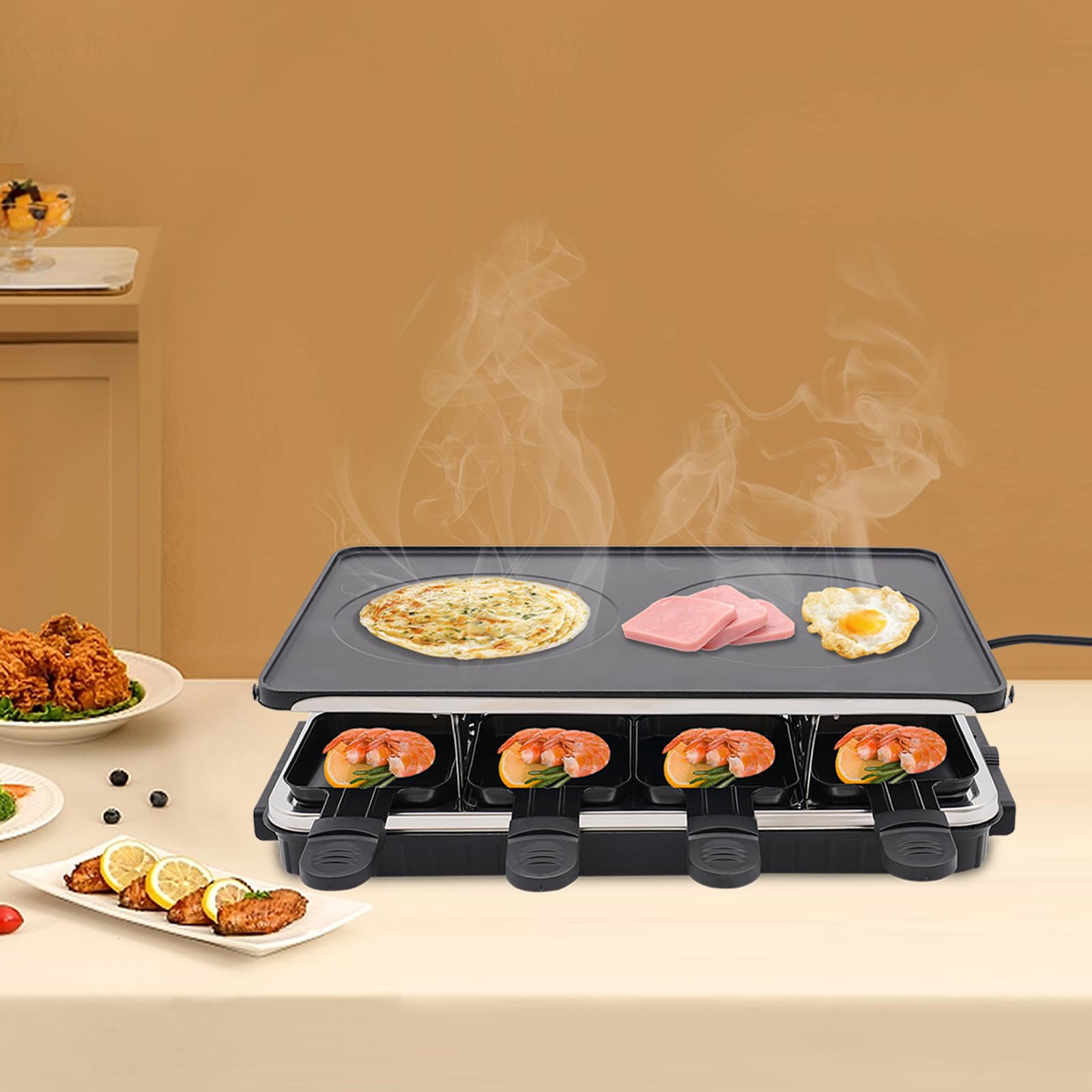 Elektryczny grill stołowy z łopatką i 9 płytami do pieczenia, idealny na imprezę dla rodziny i przyjaciół
