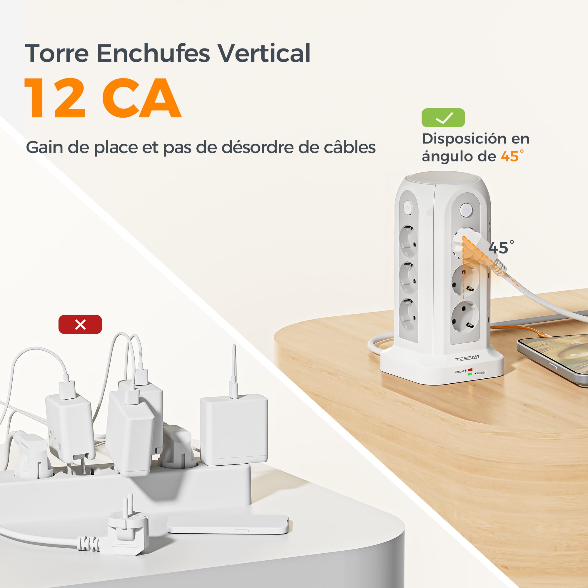 TESSAN Regleta Enchufes Torre 18 en 1 con 6 USB 12 Tomas Multiples 2 USB C Proteccion Sobretension Cable 2M