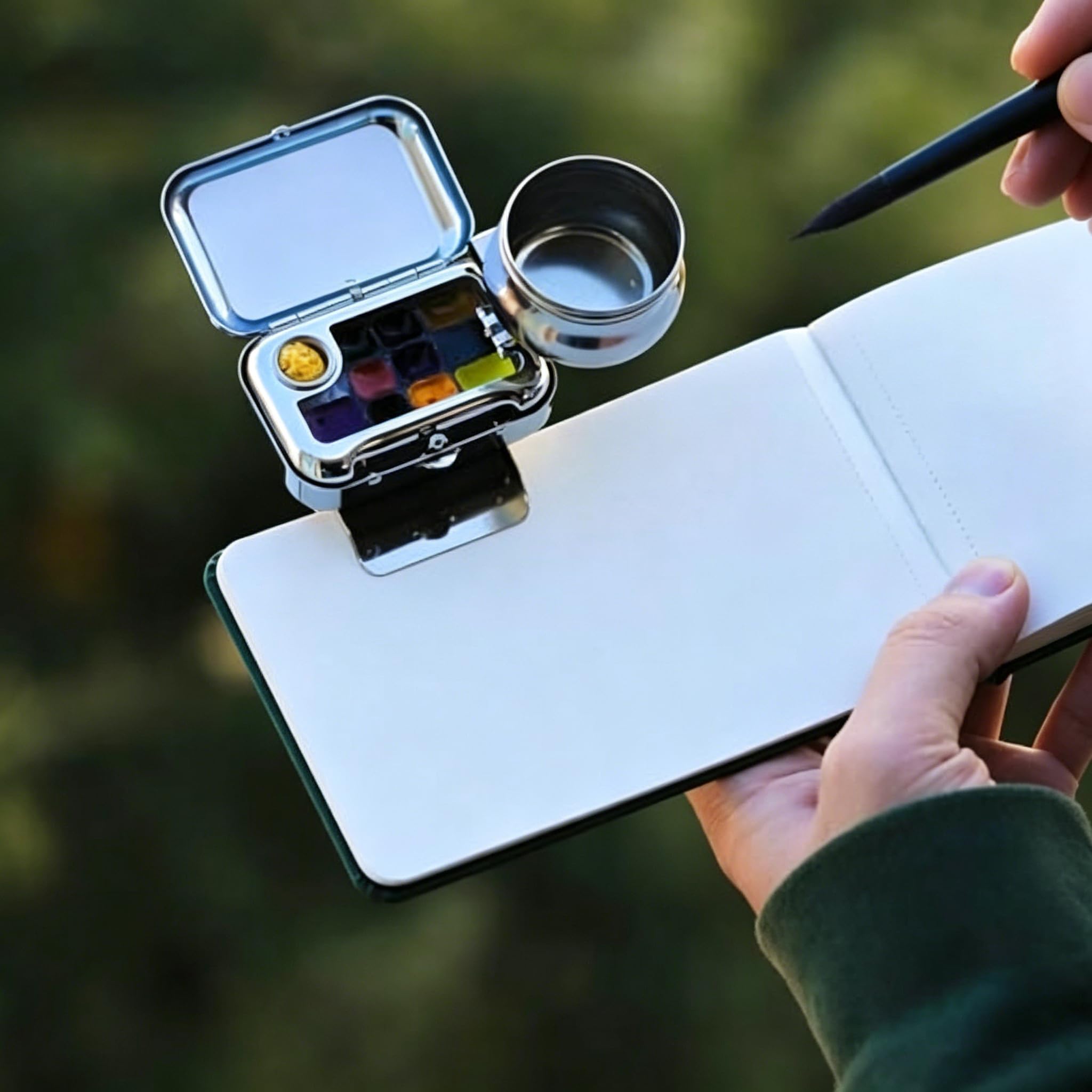 TsoLay Tragbares Aquarell-Skizzenbuch-Set, Metall Malkasten mit 10 Farben, Pinsel, Becher, Aquarellbuch, Reise-Malkit für Anfänger und Kunstbegeisterte, Kompaktes Set für Unterwegs Malerei
