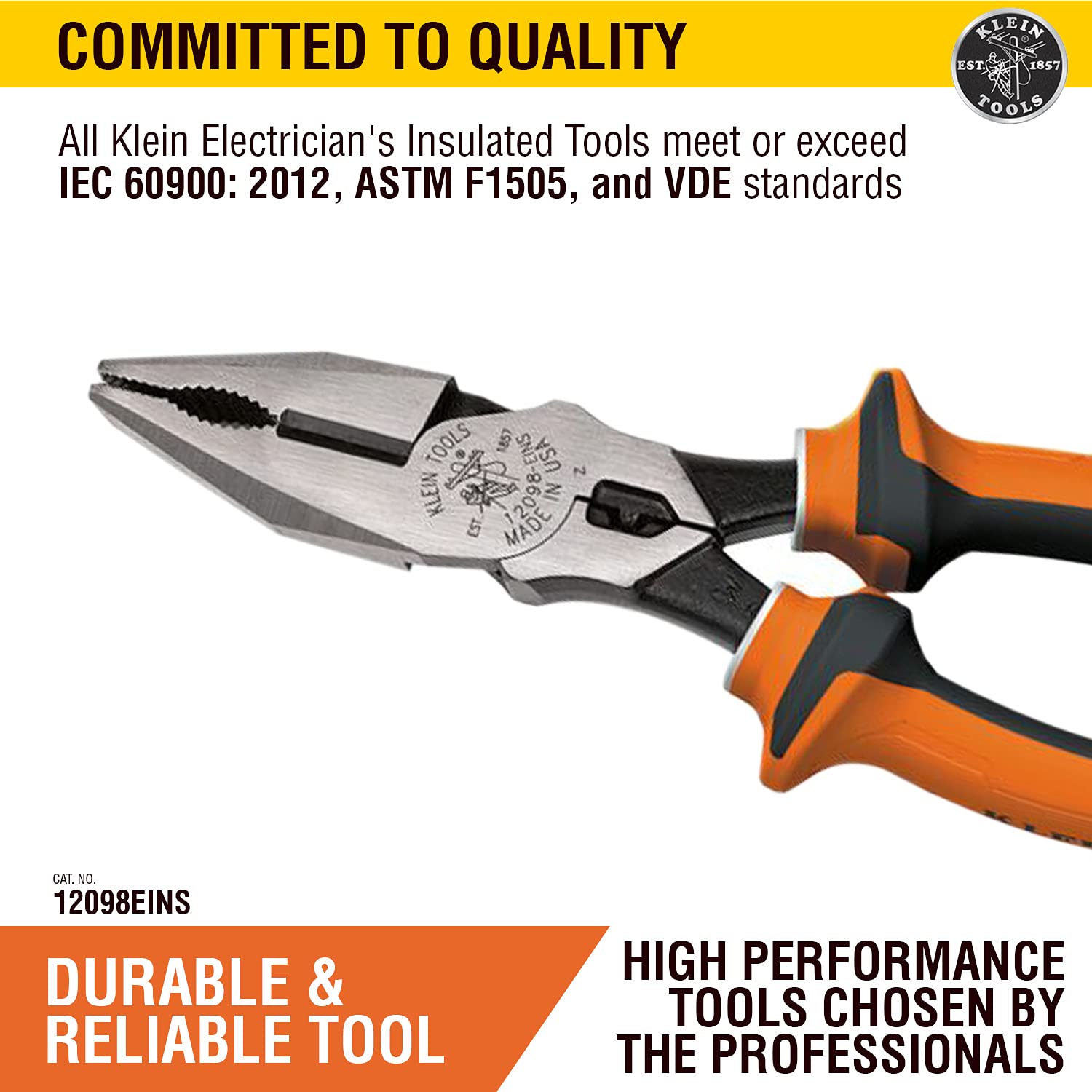 Klein Tools 12098EINS Alicates combinados aislados con aislamiento de 3 partes certificado VDE, troquel de crimpado y agarre de tubo dentado