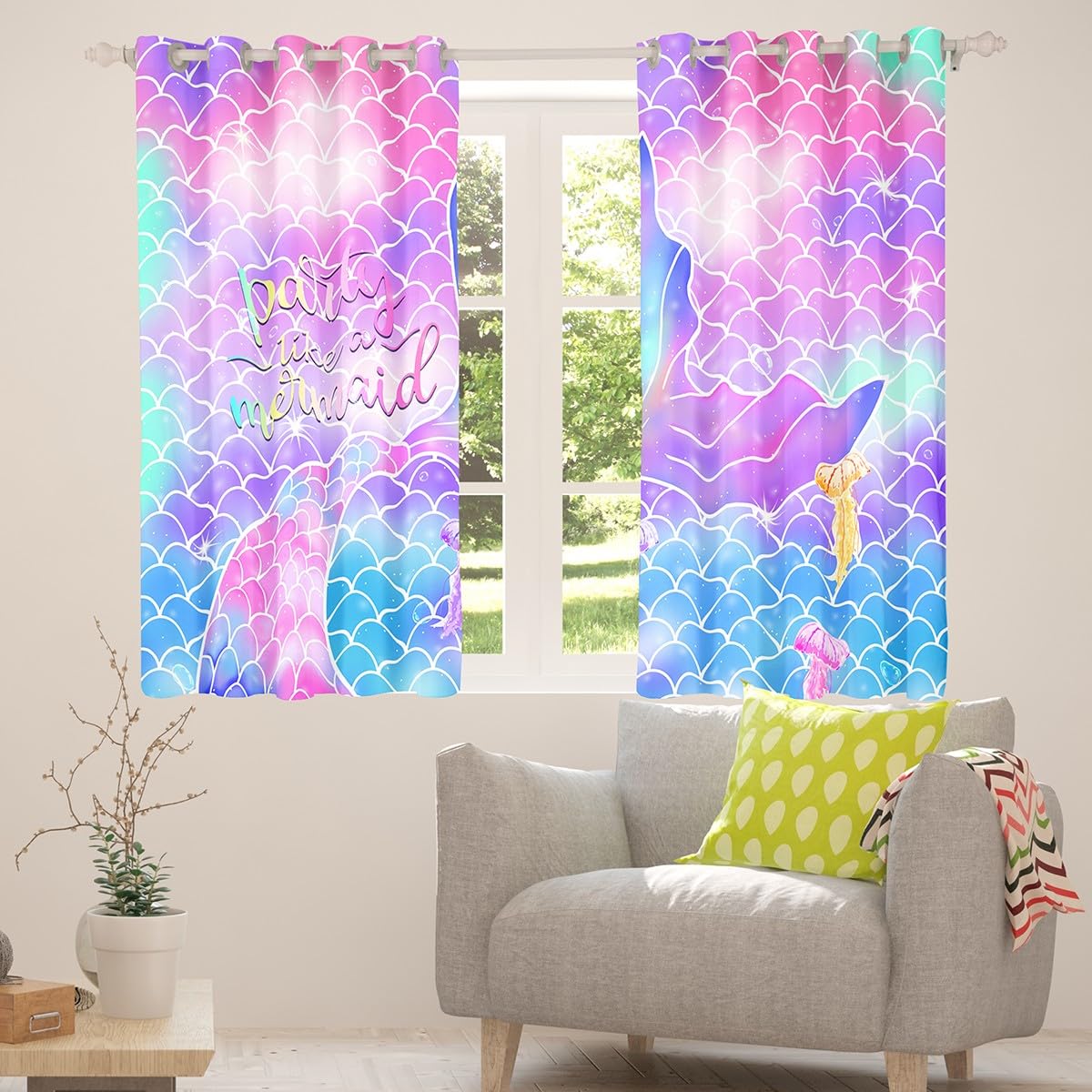 Girls Mermaid Curtains, Fish Scales Blackout Curtains 42