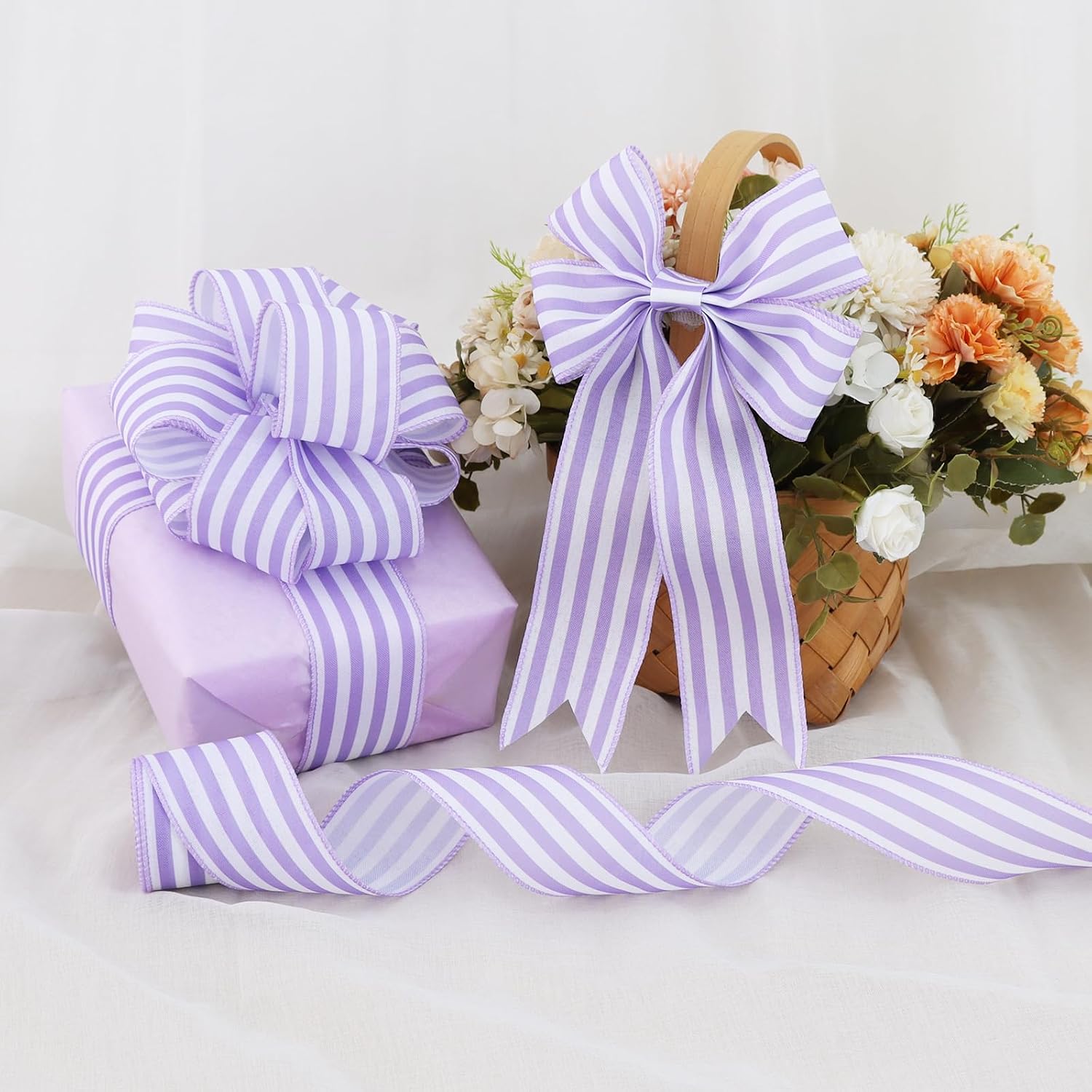 TONIFUL 2.5 Inch Light Purple Stripe Burlap Wired Ribbon, Summer Spring Easter Ribbon for Gift Wrapping, Wreath Bows Making, Crafts, Baby Shower, Home Decoration, Easter Decor (Light Purple, 6yds)