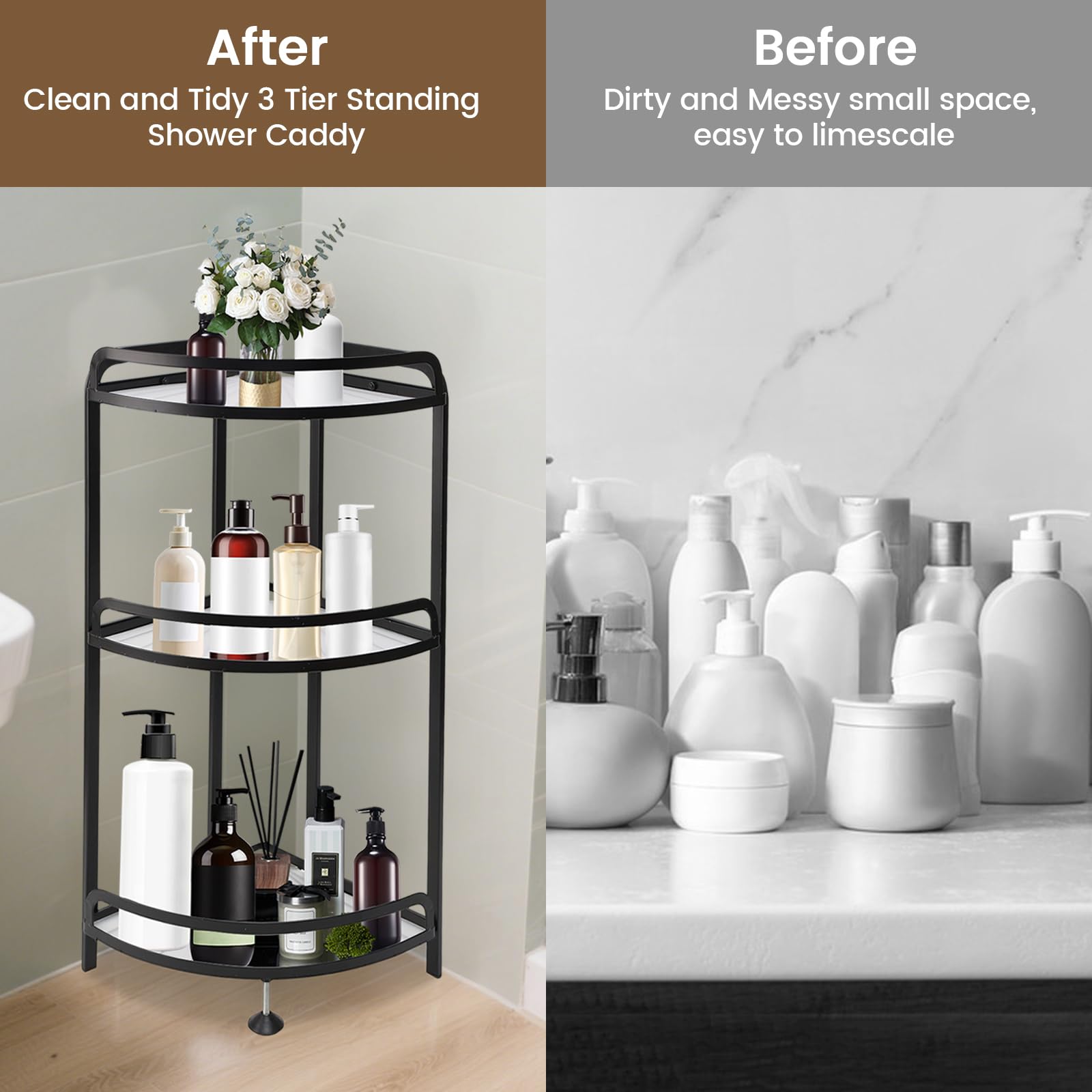 Yolispa Staande doucheplank, 3 etages, hoekdoucheplank, organizer, vrijstaand, roestvrij hoekrek, badkamerorganizer, zonder boren, werkblad, hoek, douche, caddy voor shampoo en douchegel