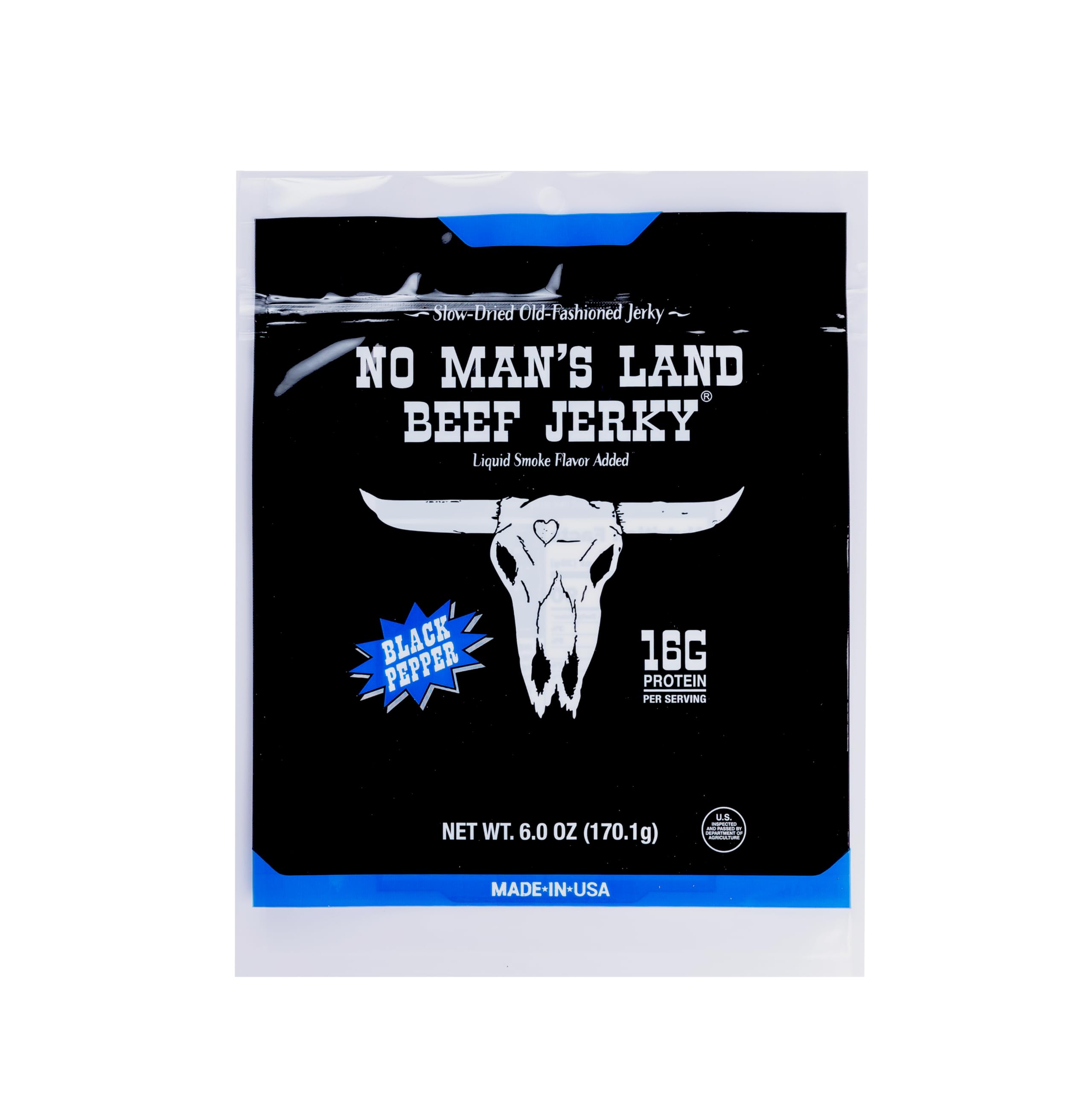 No Mans Land Slow-Dried Beef Jerky | Smoked & Seasoned Jerky Strips | 16G Protein, Low Carb, Low Calorie Beef Snack | Gluten Free - Black Pepper 6oz Bag