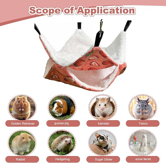 Rat Hammock,2 Pcs Double Layer Rat Hammocks for Cage 30*30/Strawberry+Peach | Plush Guinea Pig Hammock, Soft Warm Guinea Pig Hideout for Ferrets Chinchillas Squirrel Sugar Glider