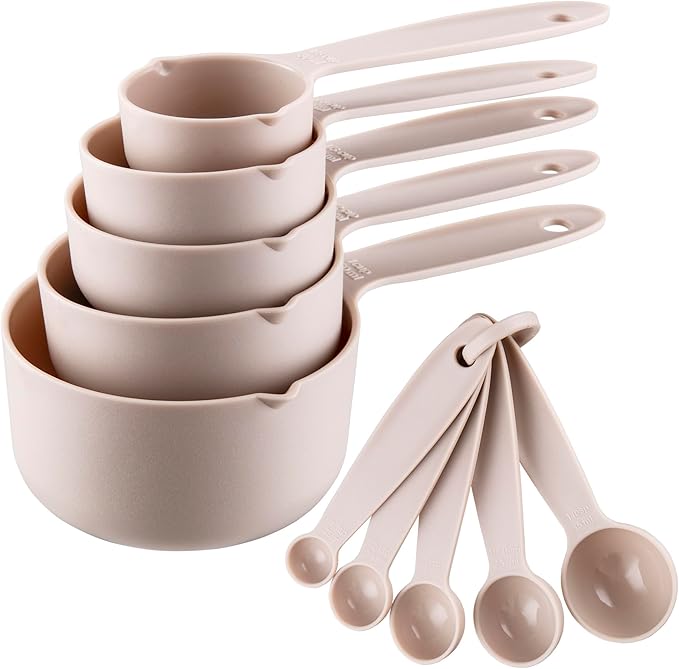 Plastic Measuring Cups and Spoons Set 10, Kids Plastic Measuring Cups and Spoons Set for Kitchen & Baking, Engraved US & Metric Plastic Measuring Cup & Spoons for Cooking Measure Use Khaki