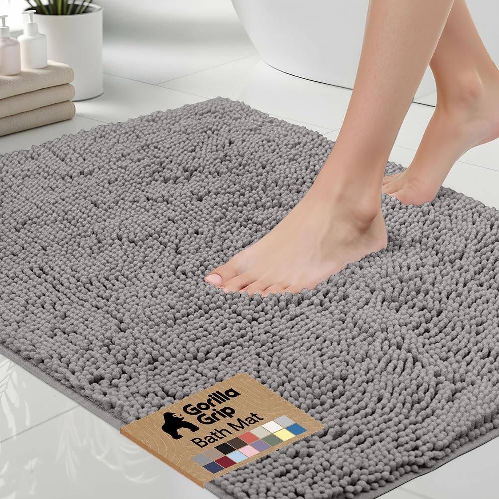 Bath Rug Mat, Thick Soft Absorbent Chenille, Quick Dry Microfiber Mats, Rubber Backing Washable Shower Floor Rugs, US Designed Bathroom Bathmat Home Decor Accessories, 24x17, Grey