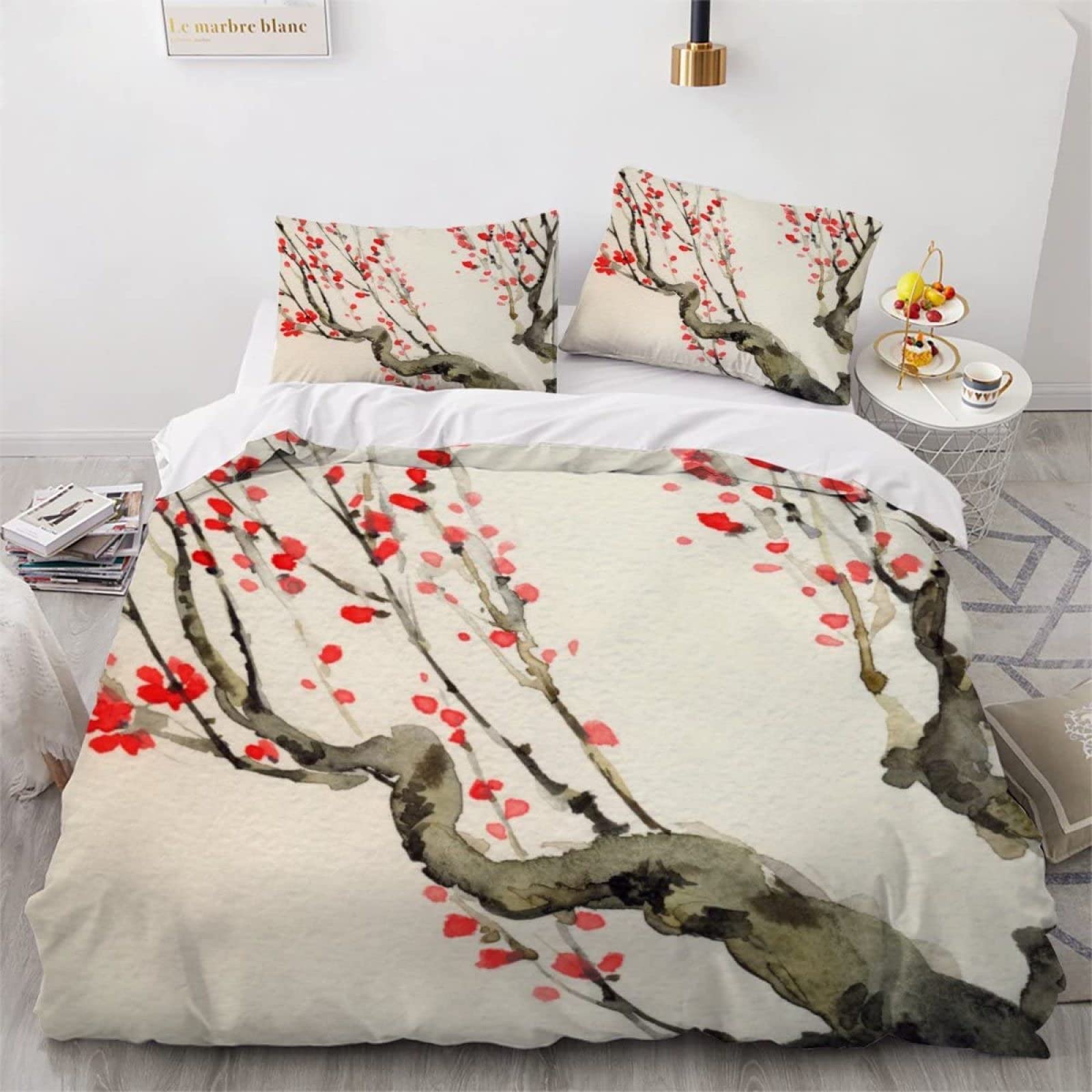 Housse De Couette Japonaise Imprimée 220x240 Cm - Parure De Lit 2 Personnes Avec 2 Taies 65x65 - Microfibre Douce, Fermeture Zippée - Décoration Chambre Asiatique