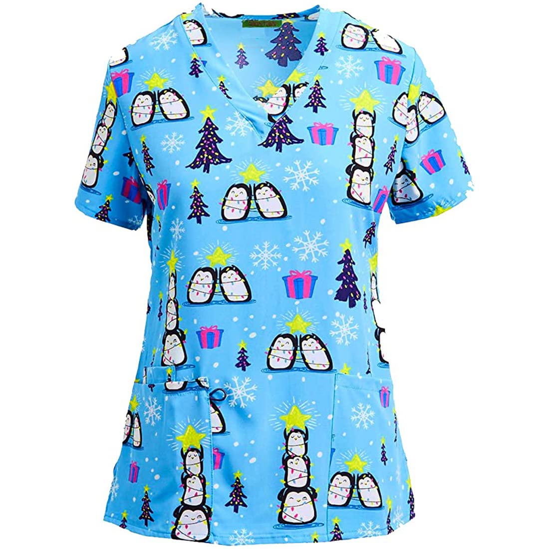 Green Town Holiday Printed Halloween Scrubs, Christmas Printed Uniform Tops (Light Blue Penguins Christmas Tree, 2X-Large)