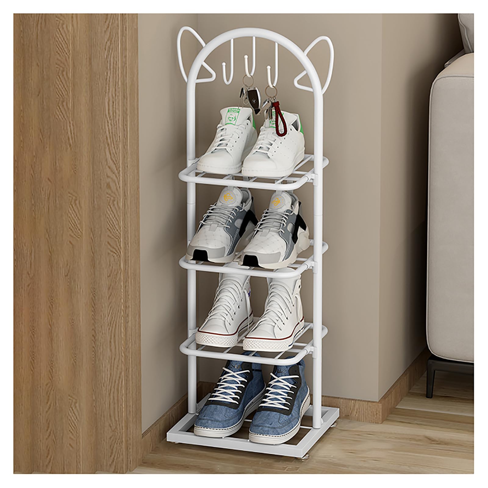 Elegante scarpiera a 4 strati in metallo bianco con orecchie di gatto, salvaspazio, autoportante, per corridoio e uso esterno, soluzione elegante e funzionale