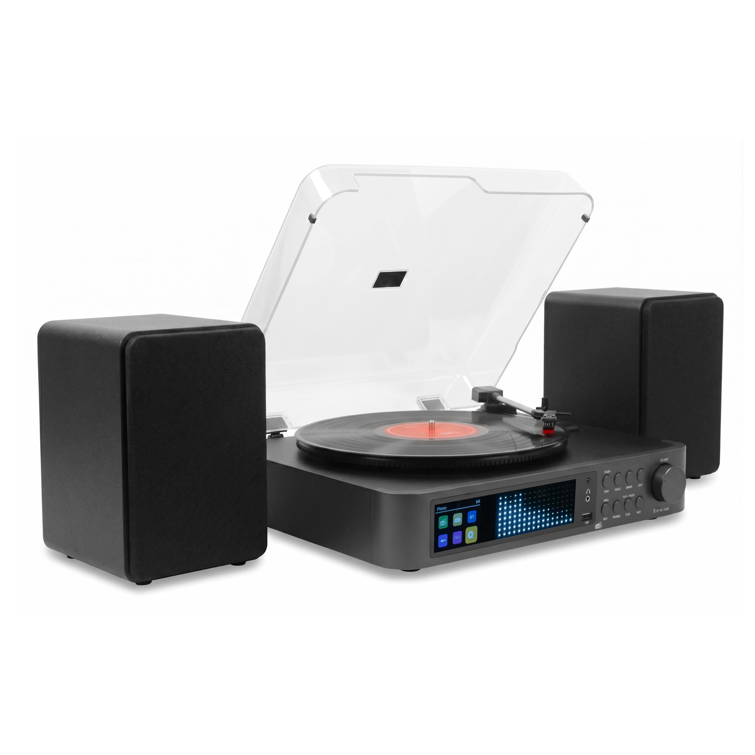 Audizio Norfolk - Plattenspieler mit Lautsprecher, DAB Plus Radio, Bluetooth & USB, Equalizer Display, Stilvolle HiFi Anlage, 33, 45 & 78 u/min, Vinyl Record Player Kompaktanlage - Schwarz