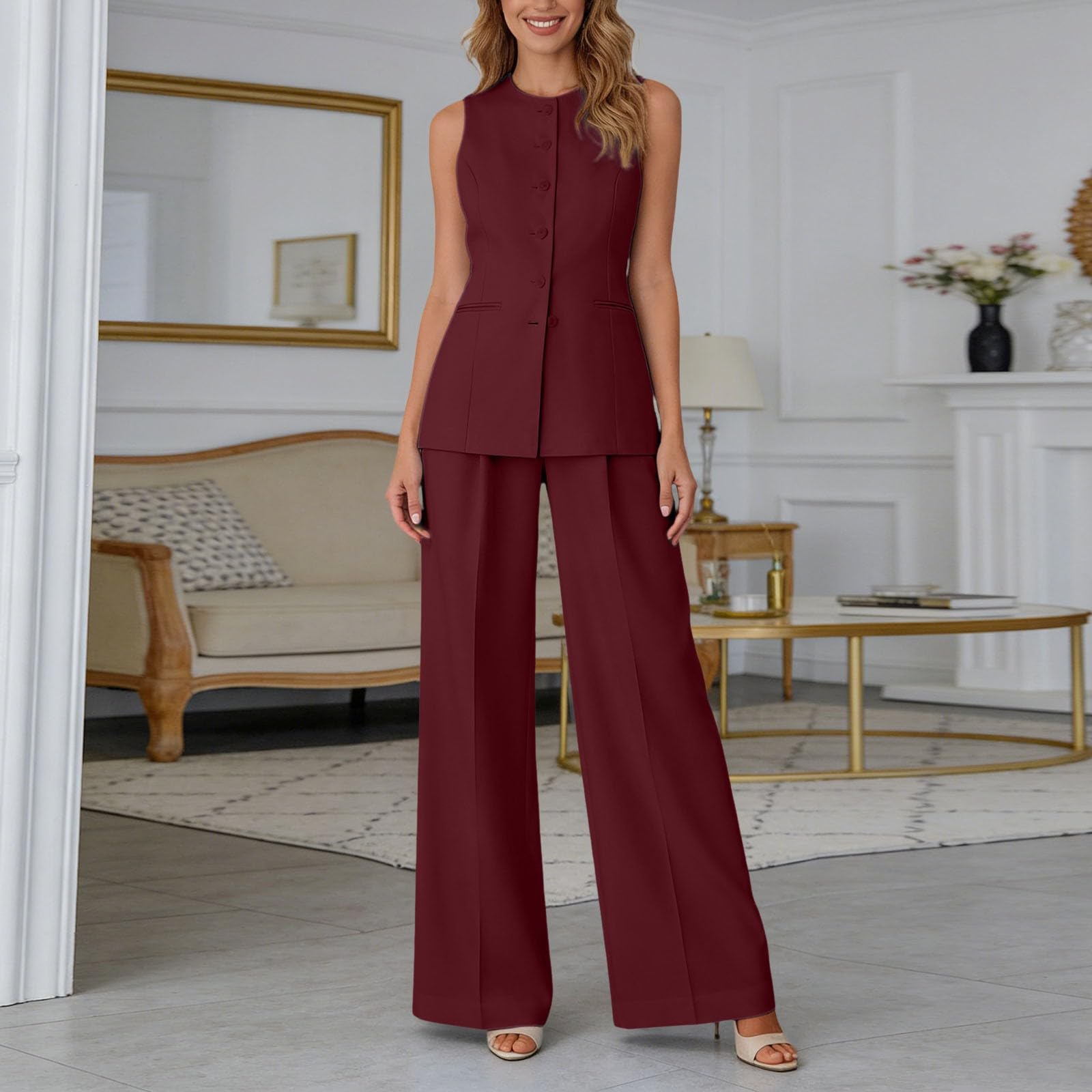 Traje de pantalón de 2 piezas para mujer, elegante cuello redondo, chaleco sin mangas y pantalones, traje de negocios, traje de 2 piezas, conjunto de dos piezas, traje informal de verano, ropa de