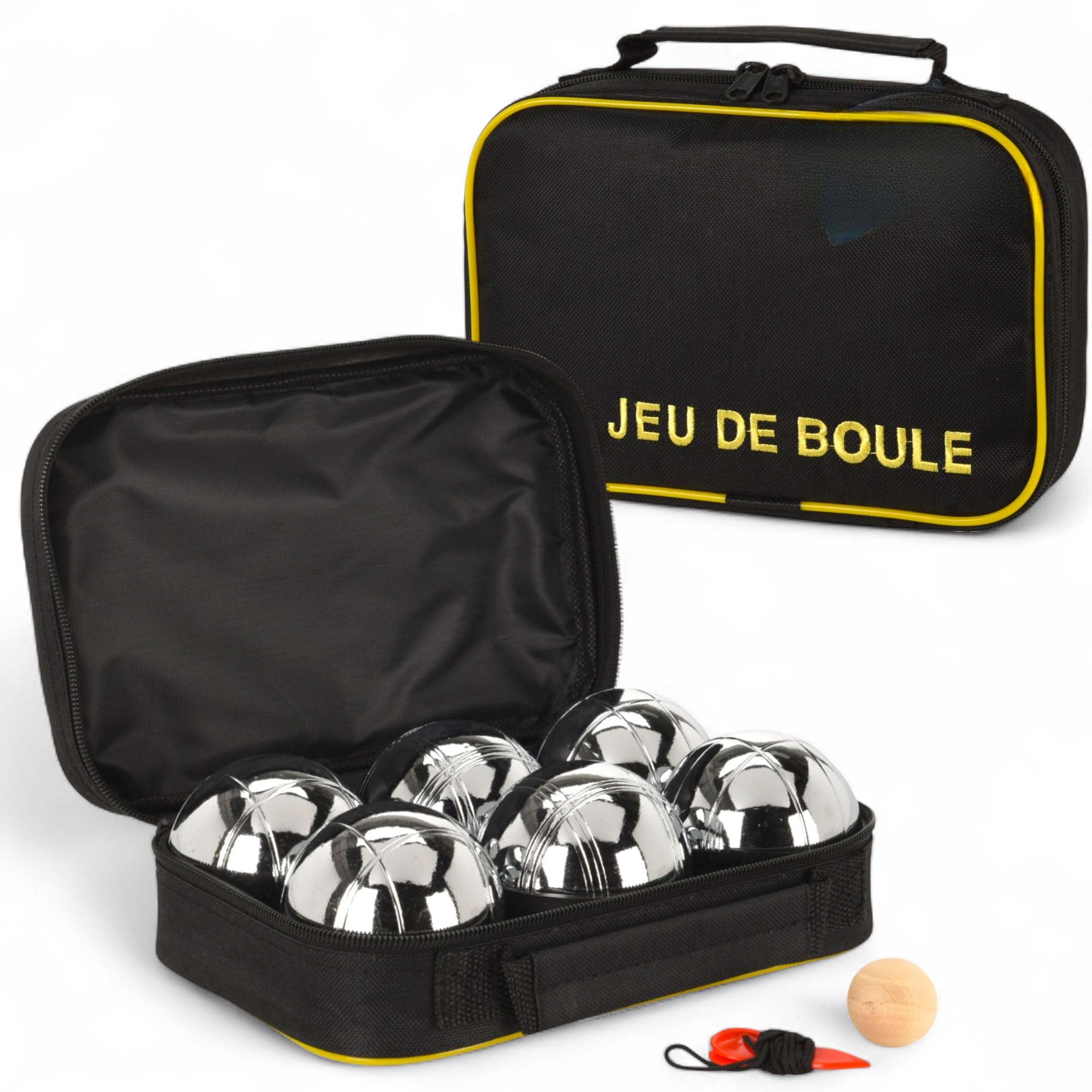 MIJOMA Jeu de Boules zestaw z torbą – 6 metalowych bombek Ø 70 mm po 700 g – Boccia kula z piłką celowniczą i taśmą mierniczą – zestaw boule do ogrodu, na kemping i plażę