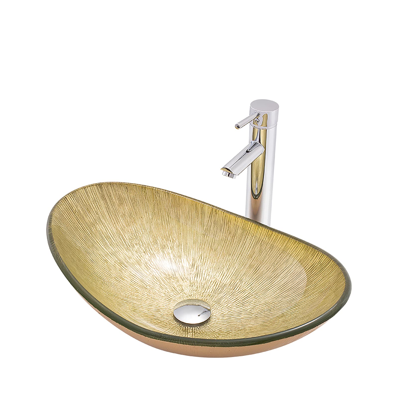 ASerZenith Bathroom Vessel Sink, Countertop Sink Bowl Tempered Glass Vanity Sink Bowl On The Top Oval Stripe Art Vessel Bowl Sink With Drain Combo And Mounting Ring,Gold,With Tap(Gold-With Tap)