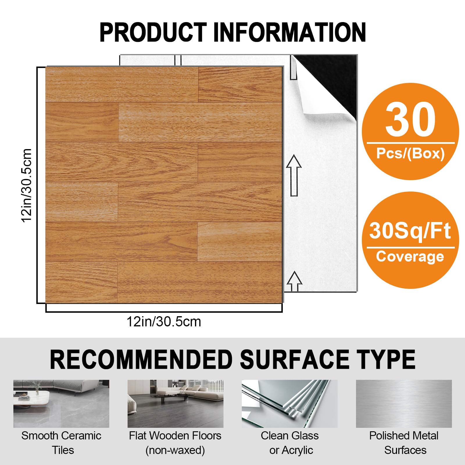 Lot de 30 carreaux de sol autocollants en vinyle imperméable pour salle de bains, cuisine, mur, cheminée (30,5 x 30,5 cm, chêne naturel)