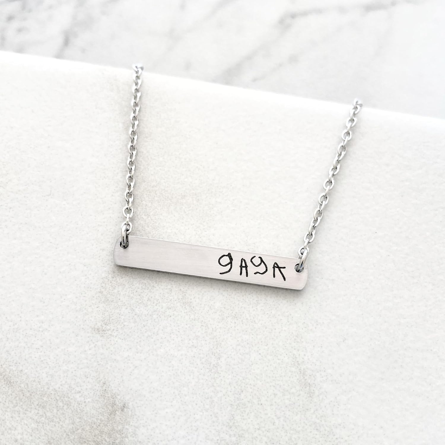 Personalized Handwriting Bar Necklace - Actual Handwritten Engraved Signature Note Jewelry - Custom Children's Handwriting Jewelry - Rectangle Bar Necklace - Gold, Silver Steel, Rose Gold - 1300
