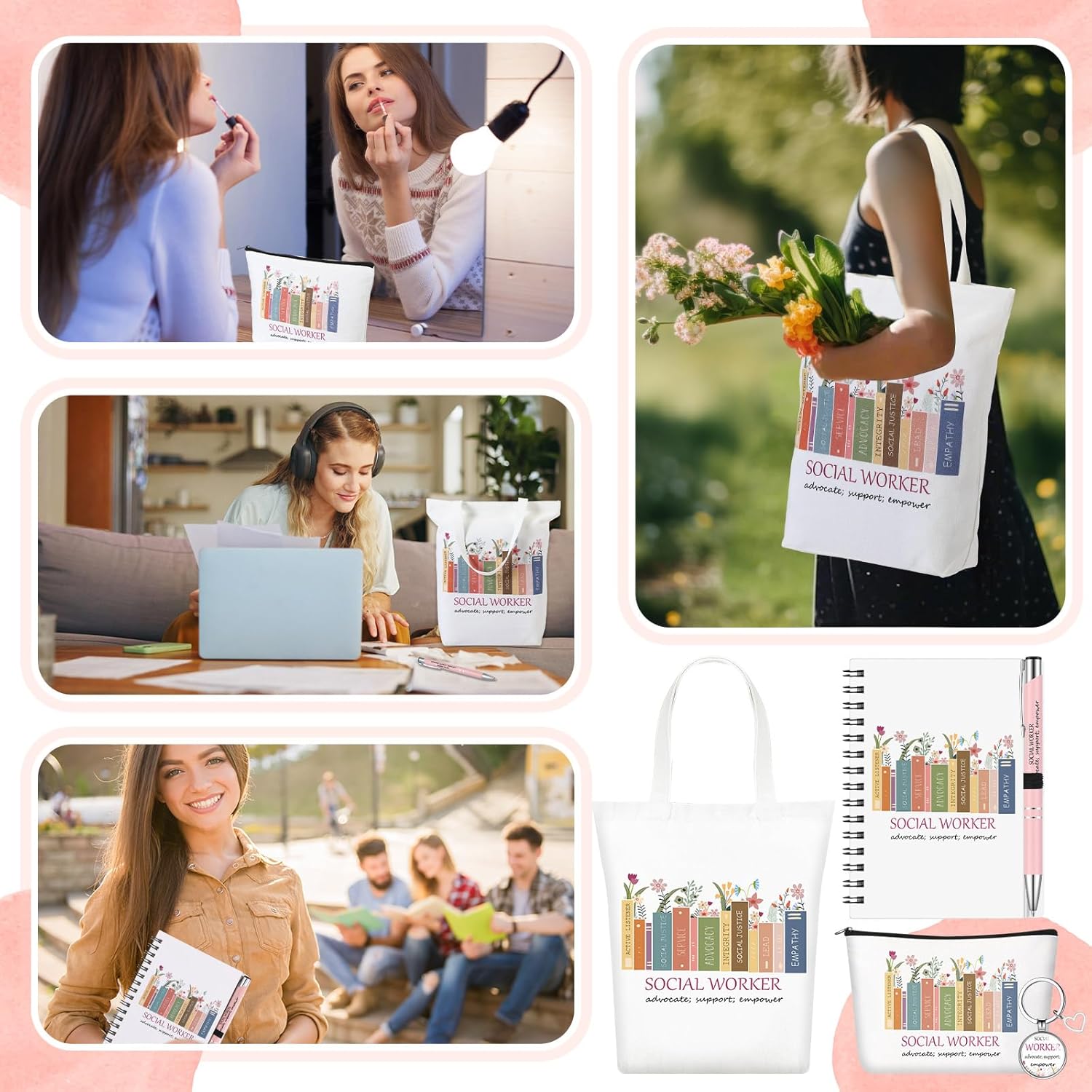 5 Pcs Social Worker Appreciation Gifts, Cosmetic Bag, Canvas Bag, Coil Notebook, Ballpoint Pen and Keychain for Women Office School Graduation Advocate Coworker Christmas Anniversaries Gift - Image 6