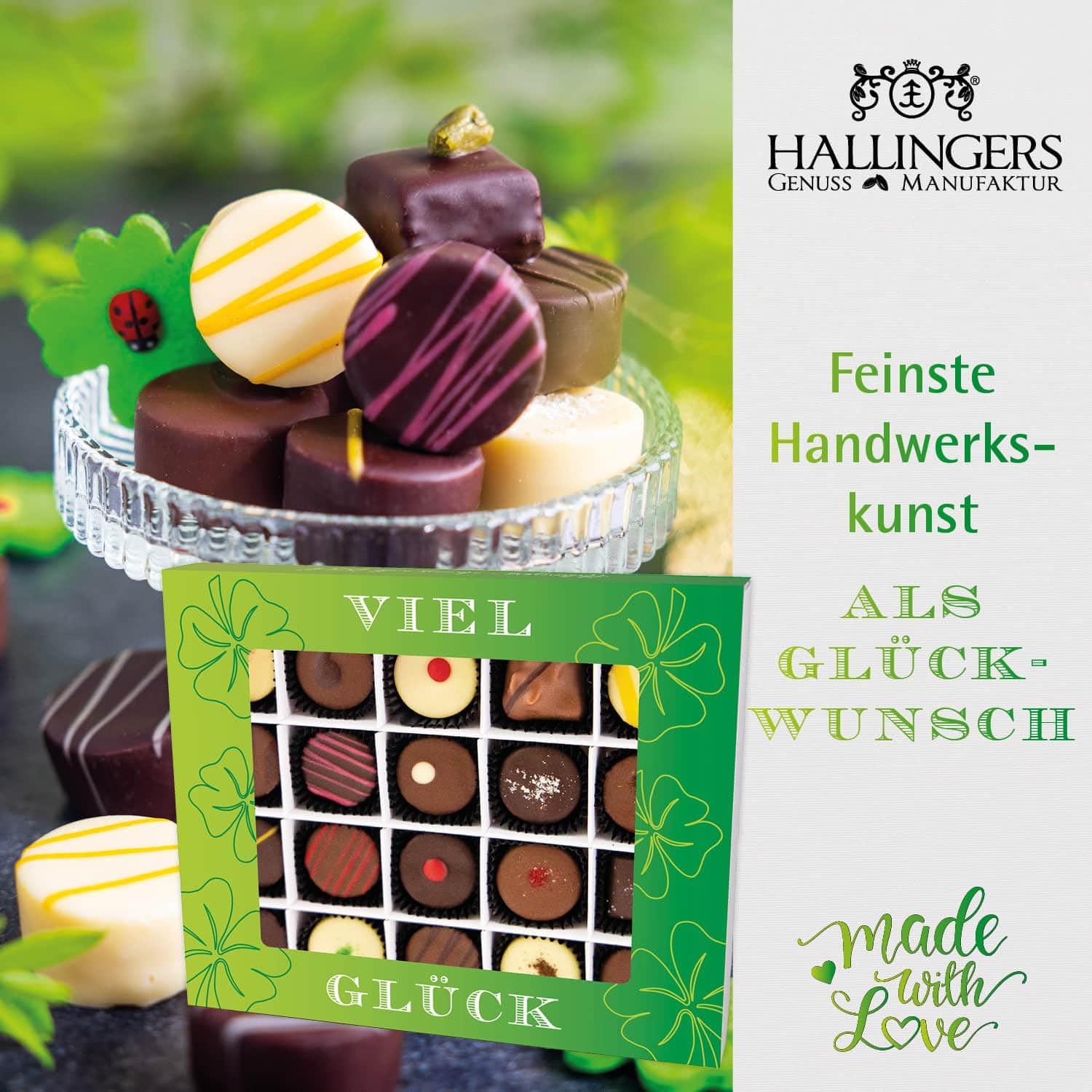 Hallingers Genuss Manufaktur Feinkost Glückwunsch-Geschenk-Set - XXL-Geschenkkorb "Viel Glück" großer Glücksgruß Pralinen, Tee, Nougat, Schoki, Duftkerze Müsli & mehr, Geschenkidee für Frauen Männer