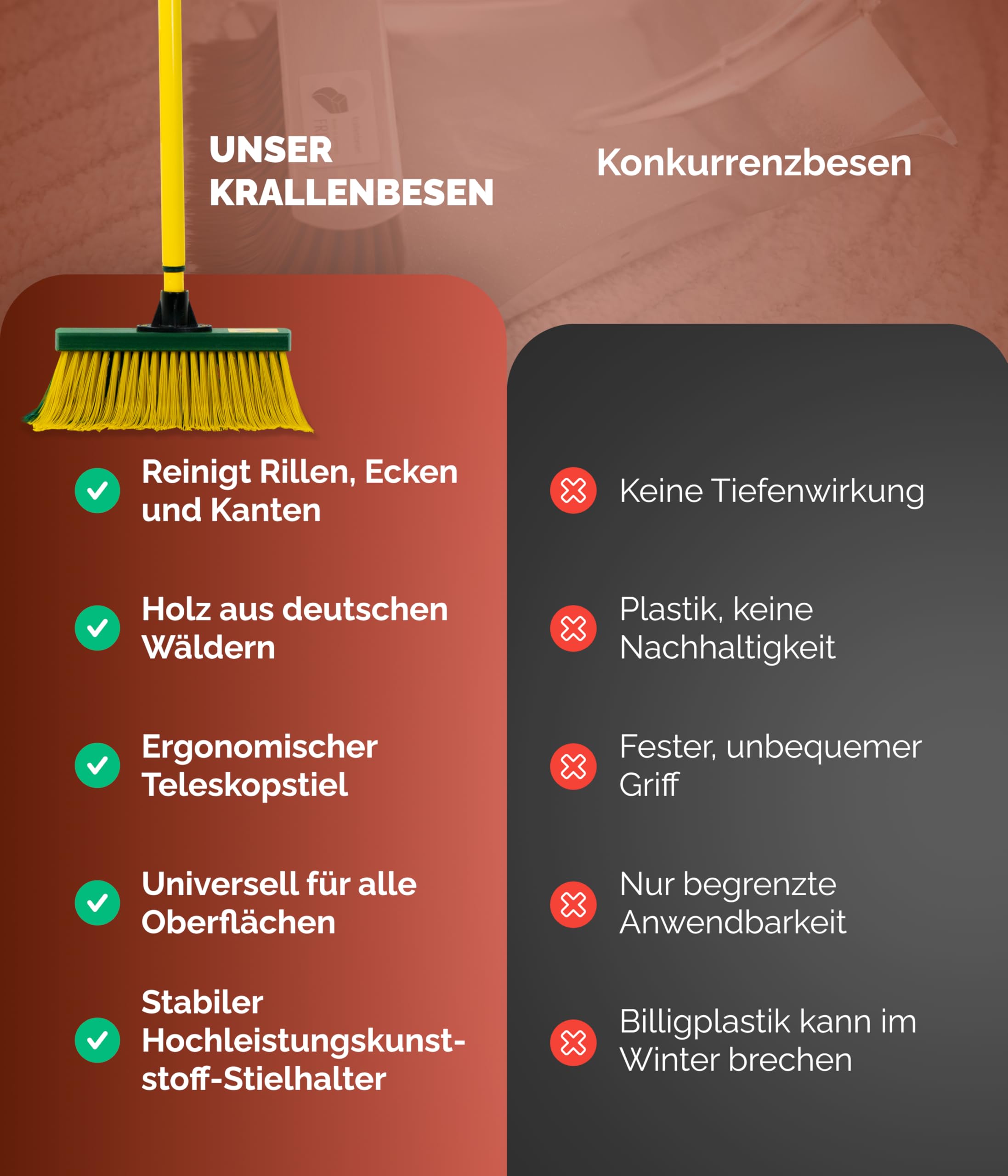 Fritze® Krallenbesen Hof & Garten 45 cm Kehrbreite mit Stiel – Abgewinkelte Borsten für Laub, Nadeln, Sand & unebene Böden – Ideal für Pflastersteine & Gartenwege – Premiumbesen – Made in Germany