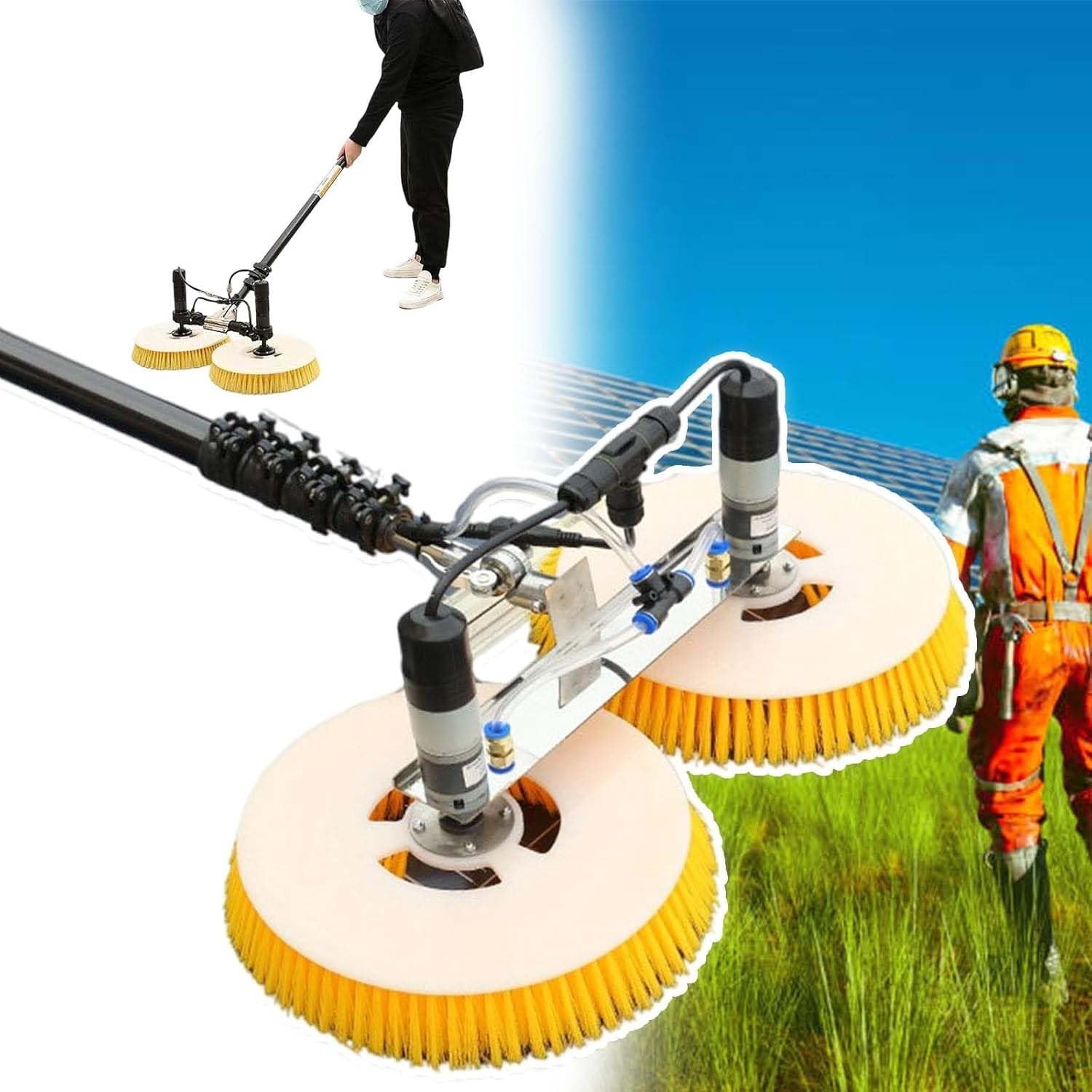 Kit De Brosses De Nettoyage Pour Panneaux Solaires, Double Tête De Brosse Rotative, Nettoyeur Électrique 110 V/240 W, Brosse Spéciale Pour Toiture Avec Rallonge Réglable(Dual-purpose,7.5m)