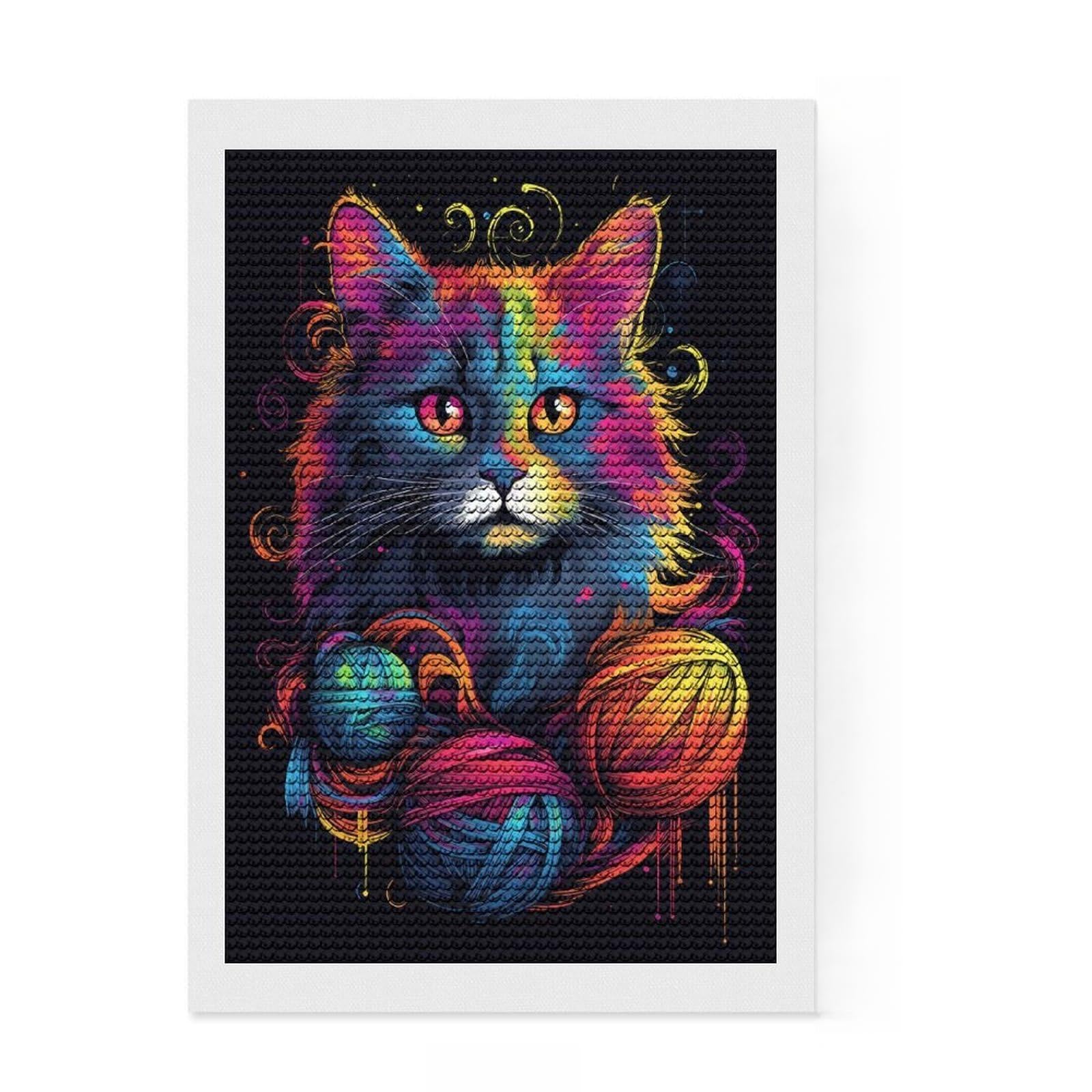 Junmoney More Cat and Wool DIY Diamond Art Canvas Kit 8"x12", Easy to Enjoy, Adhesive Canvas, Aesthetic Room Decor, Thoughtful Handmade Gift