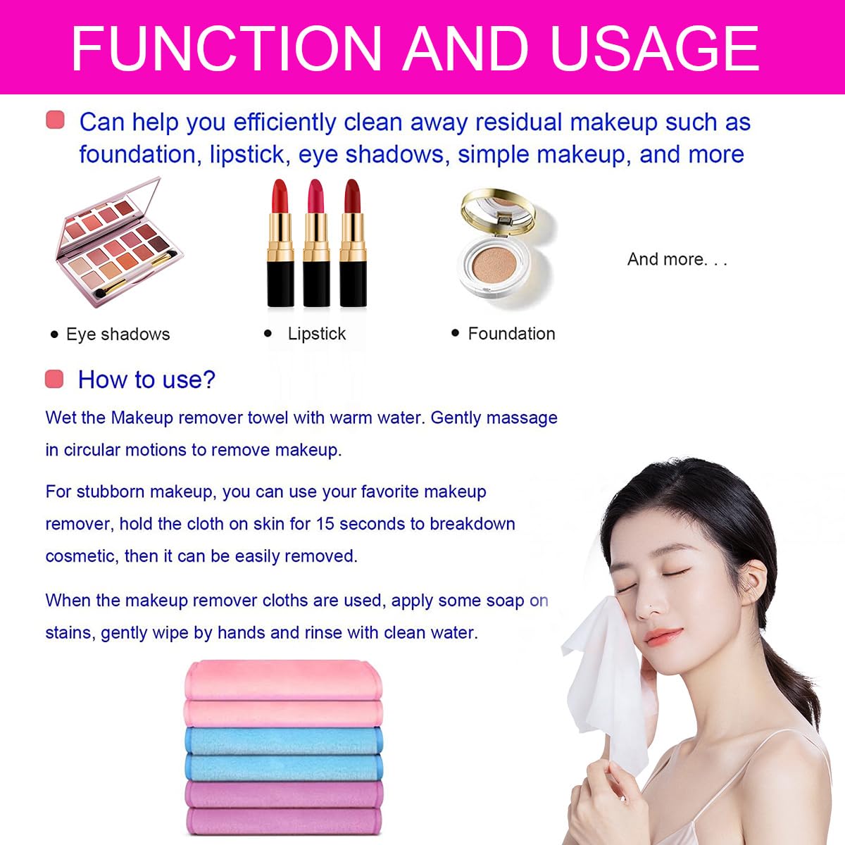 MakeUp Eraser Reusable Make Up Remover Eraser even Waterproof Make Up in Seconds Just With Water Chemical Free Eyeliner Lipstick Foundation Powder Highlighter Eyebrown (Grey 10)(10 PİNK)