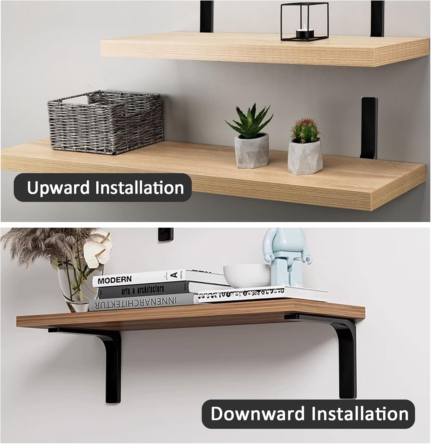 Hordion 4pcs Wall Shelf Brackets 4 Inch, Heavy Duty L Bracket Right Angle Brackets Steel Corner Brace with Screws for Wood Shelves Cabinets, Black