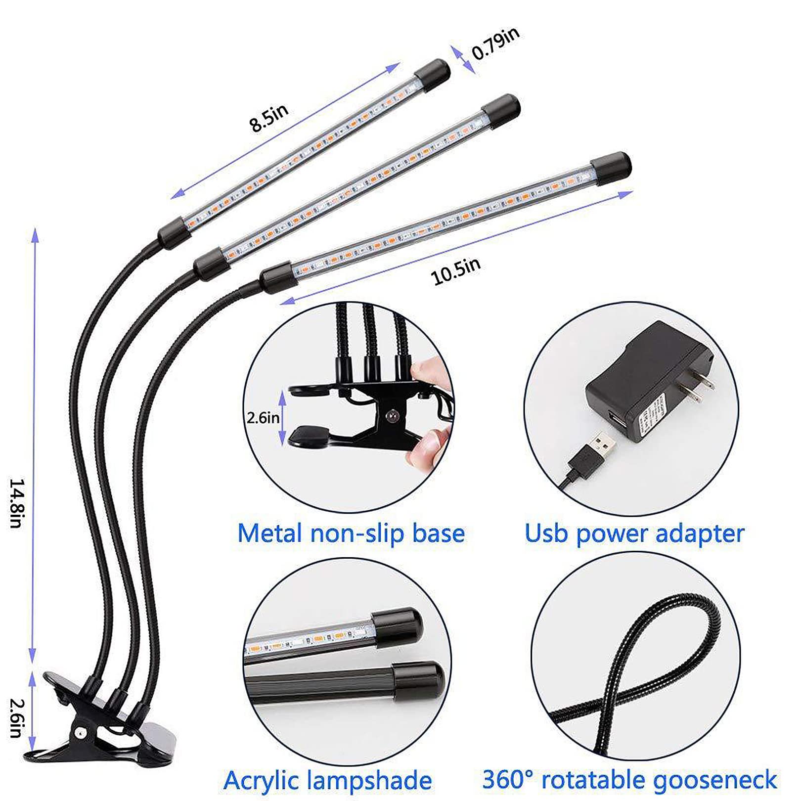 Lampada da Coltivazione per Piante da Interno, Lampada da Coltivazione a 3 Teste a Spettro completo6 con Timer, 60 LED per piantina, Crescita, fioritura