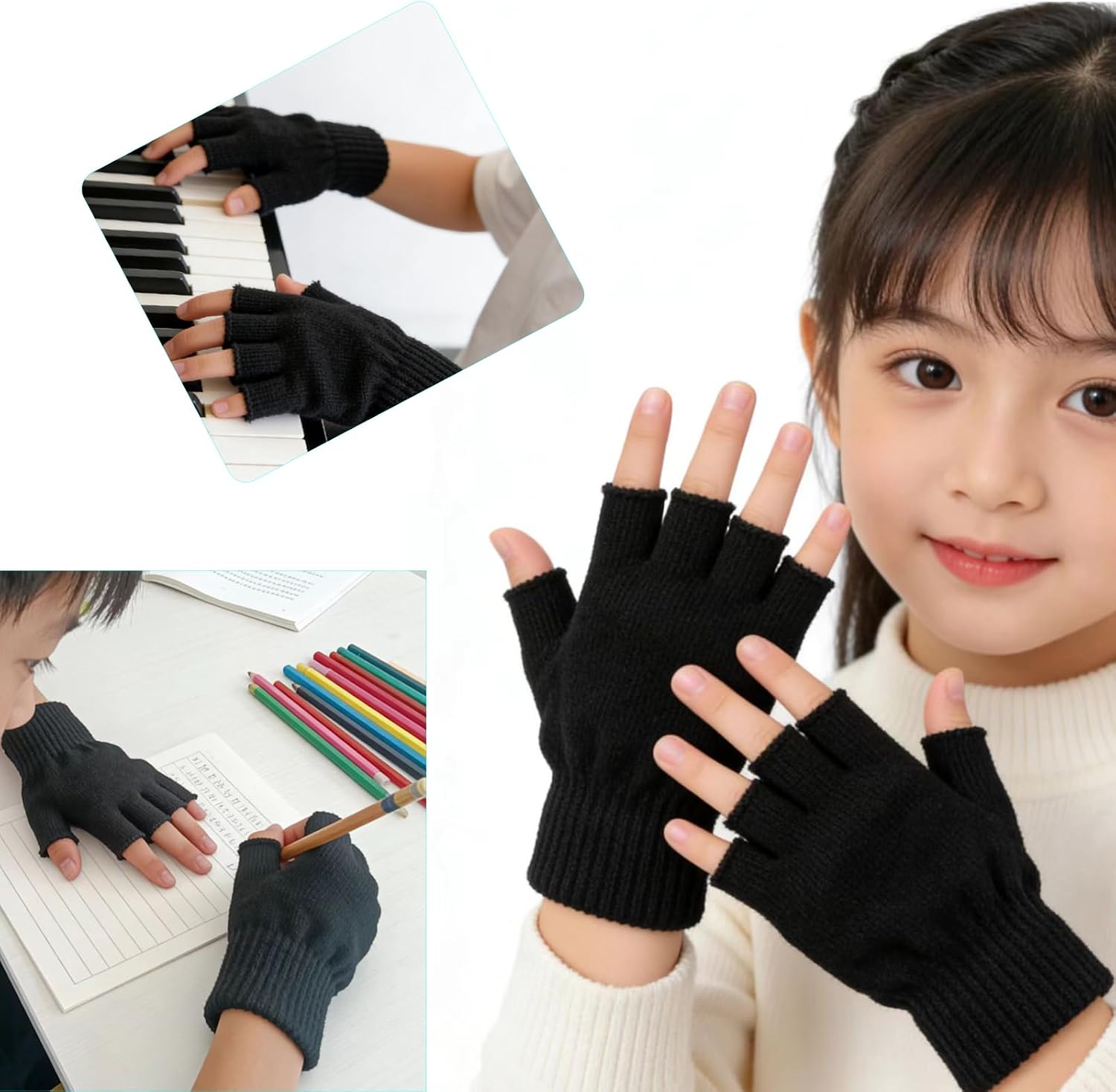 2 Pairs Unisex Kids Fingerless Gloves Half Finger Winter Black Knit Gloves Boys Girls Toddler Mittens for Writing Drawing Playing