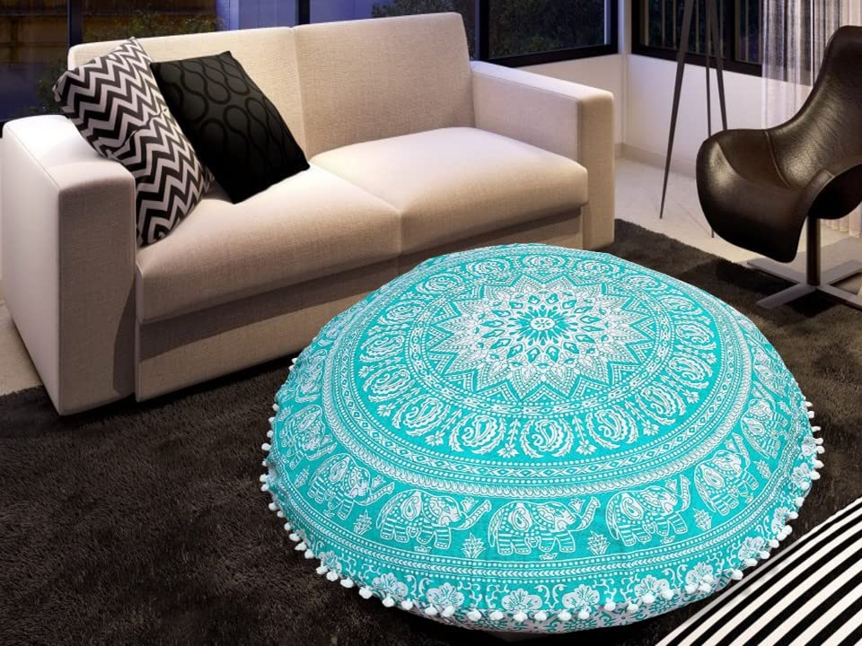 My Dream Carts Round Floor Pillows “Cover Only” Elephant Print Meditation Pouf Case Mandala Cushion Covers Hippie Boho Star Throw Pillowcase Flower Design Home Decor (32” Pillow Cover ,Without Filler)