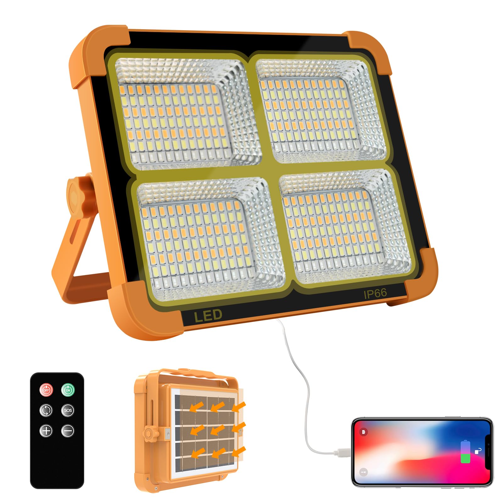 Luz solar LED portátil de trabajo de 100 W, 16500 mAh, 10000 lm, con brillo continuo, batería recargable para el lugar de trabajo, luz de emergencia para huracanes (naranja (remoto))