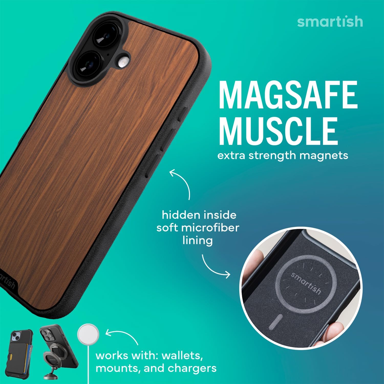 Smartish® iPhone 17 MagSafe Case - Gripmunk Magnetic Slim Case [Lightweight + Protective] Thin Grip Cover with Microfiber Lining for Apple iPhone 17 - Walnut Woods