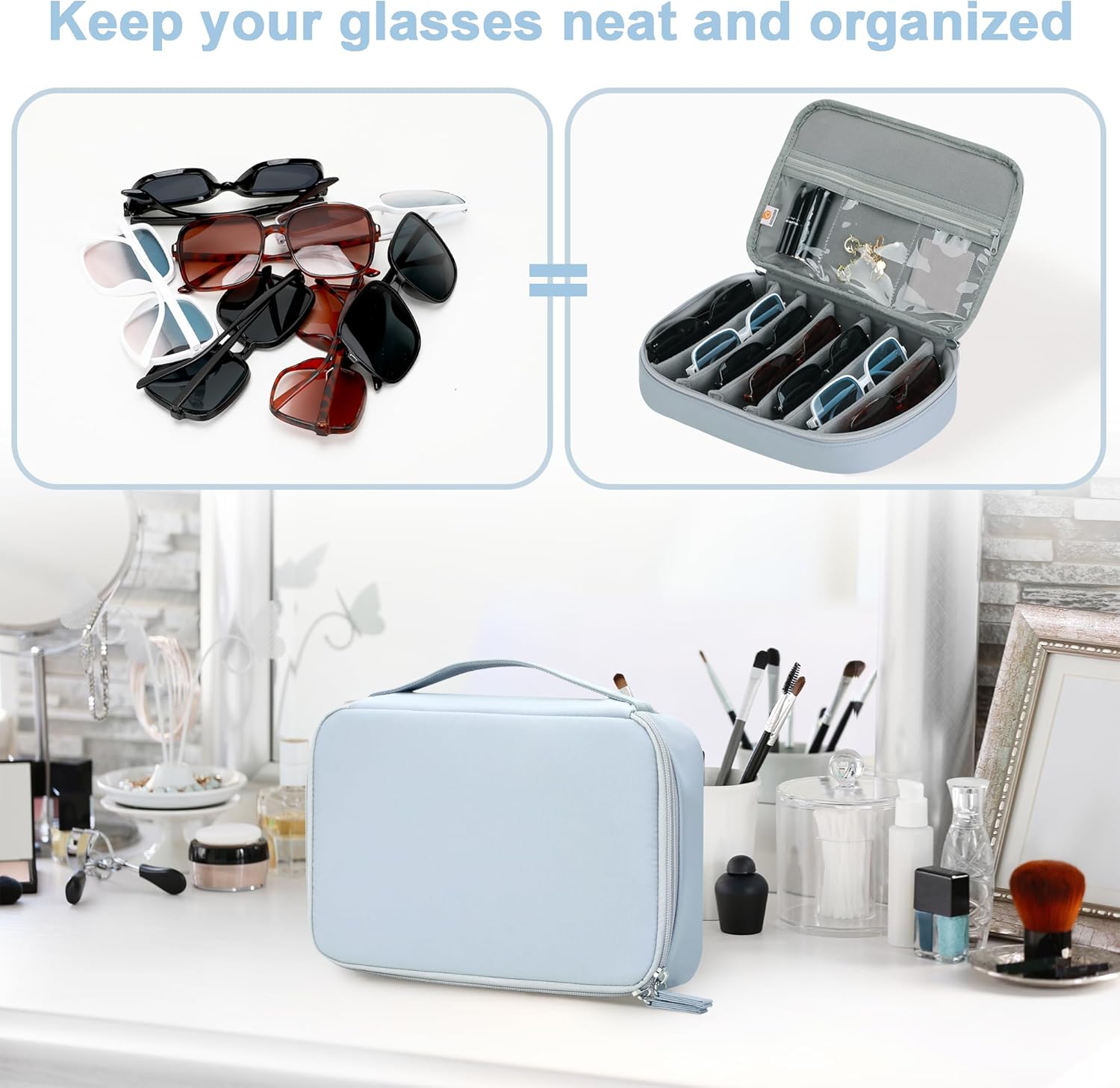 Bellzacasa Travel Sunglasses Organizer Case, Eyeglasses Storage Holder Box with Multiple Pairs Adjustable Slots for Women Men
