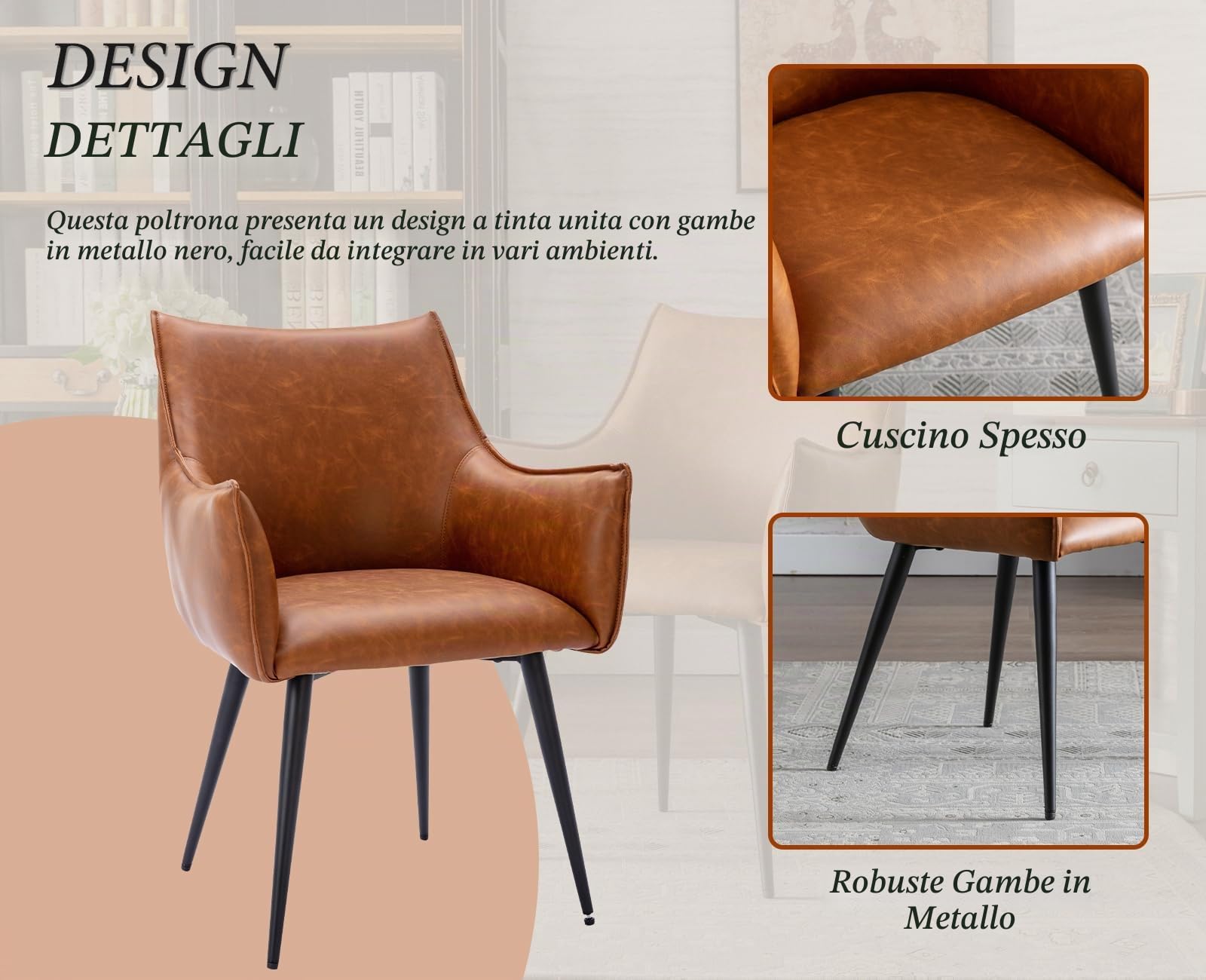Ya-Home Poltrona Imbottita Sedia da Salotto in Ecopelle Poltroncine Salotti con Gambe in Metallo poltroncina Moderna con Braccioli per Camera da Letto/Soggiorno, Marrone