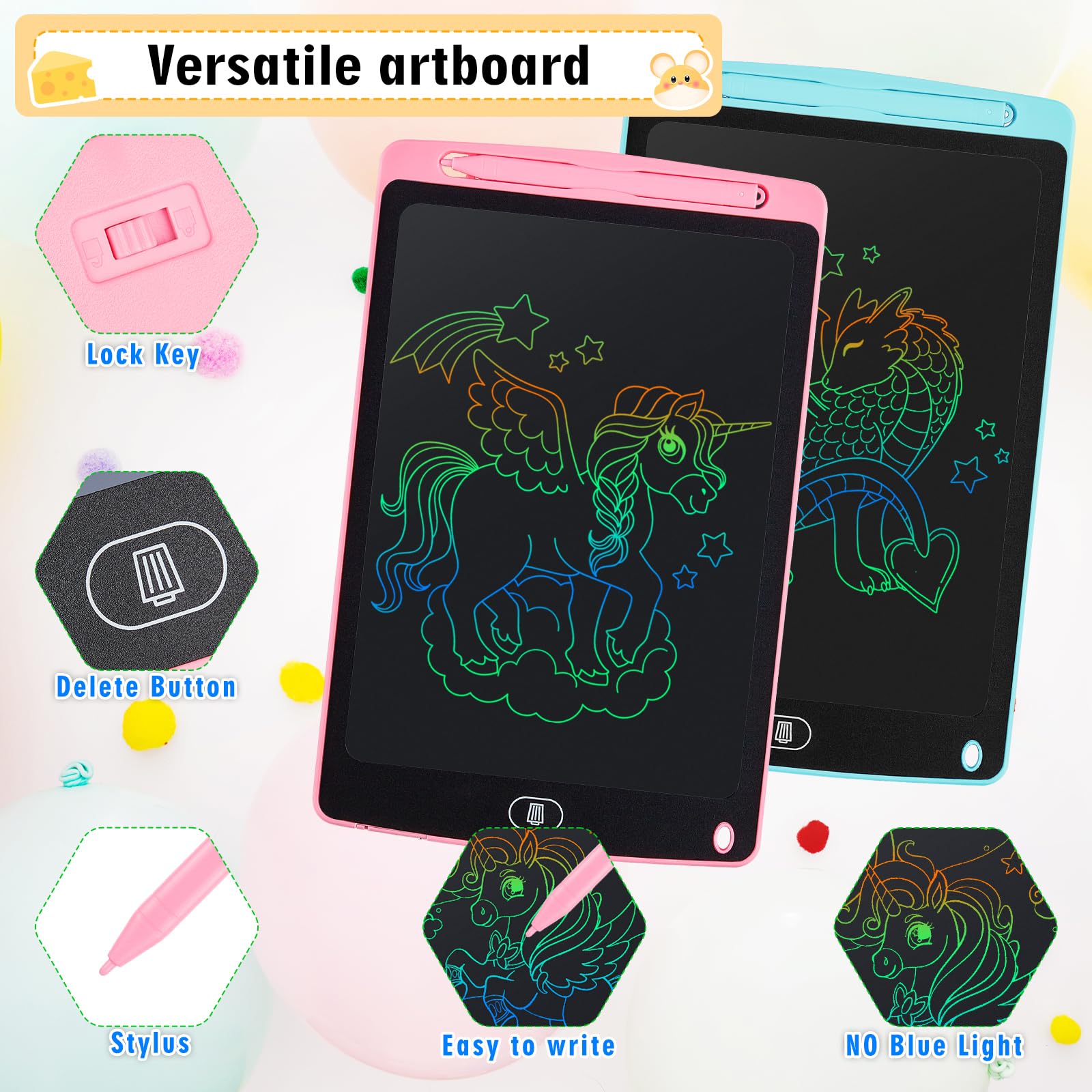 Damcyer 2 Pezzi Tavoletta Grafica LCD Scrittura 10 Pollici,LCD Tavoletta Grafica Bambini con Schermo Colorato,Taccuino Cancellabile con Adesivi Animali,per Ragazzi e Ragazze di età 3 4 5 6,Blu+Rosa