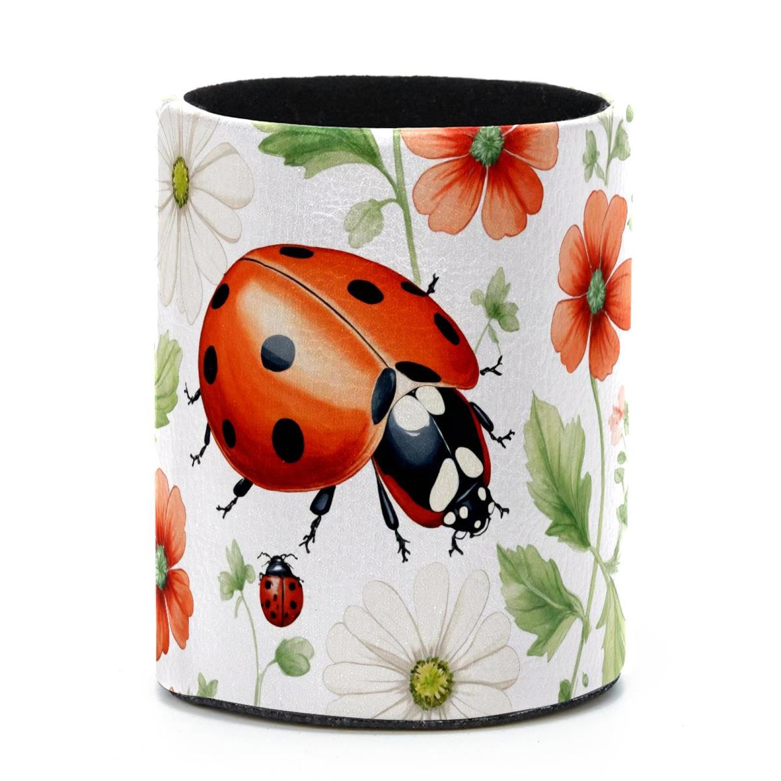 VAPOKF Round Pencil Holders for Desk, Ladybug and Flower Pen Holders Pen Pot Makeup Brushes Storage Desktop Stationery Supplies Organiser for Home Office