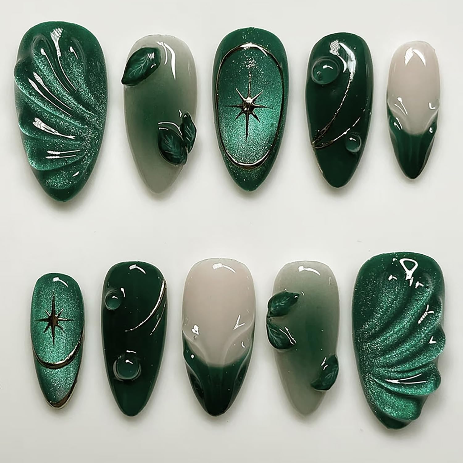24Pcs Dark Green Press on Nails Medium Almond Fake Nails Silver Star with 3D Leaf Glossy Stick on Nails Full Cover Designs Artificial Reusable French