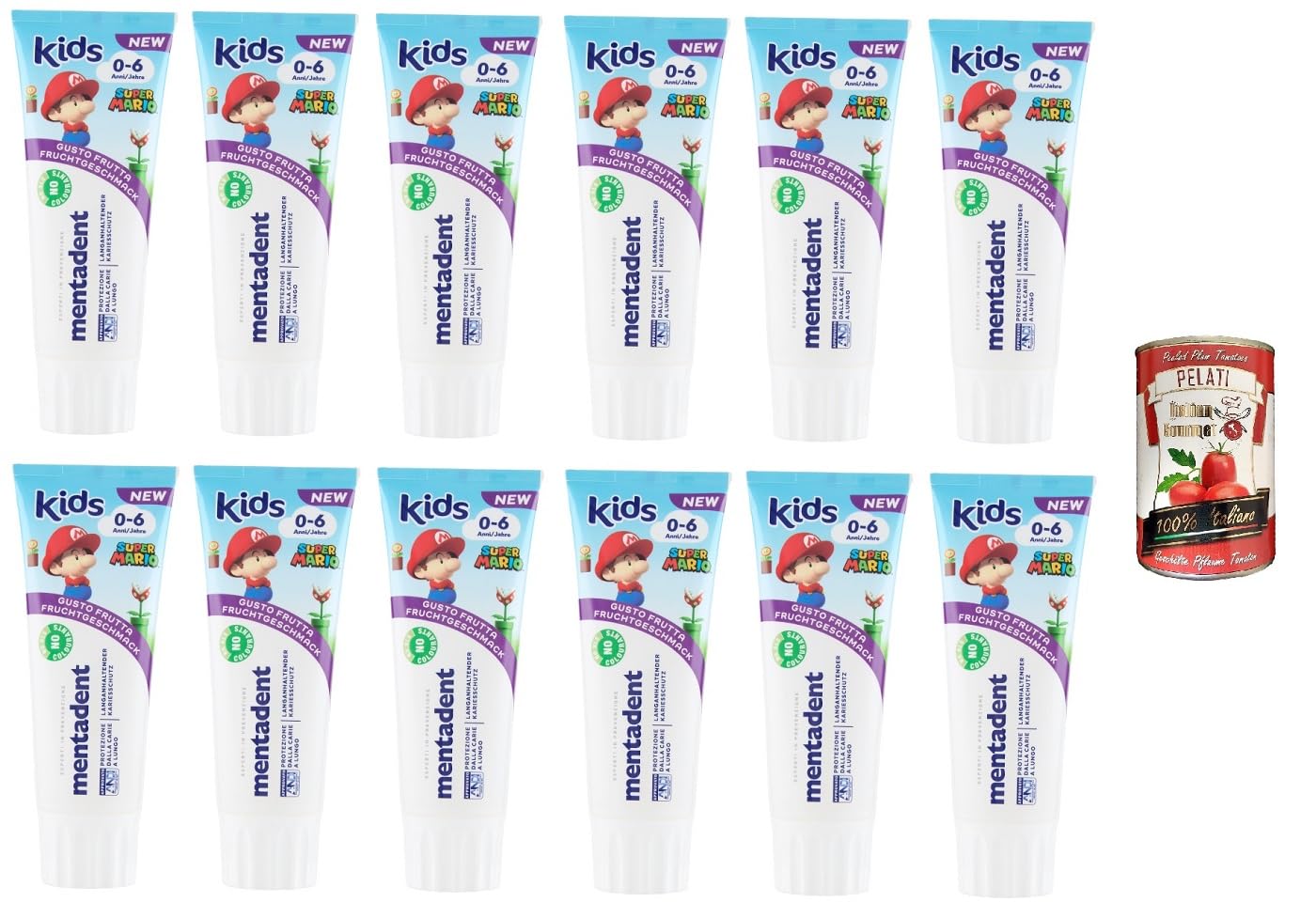 Mentadent Dentifricio Kids 0-6 anni pasta de dientes para niños 12 x 75 ml + Polpa Italian Gourmet 400 g