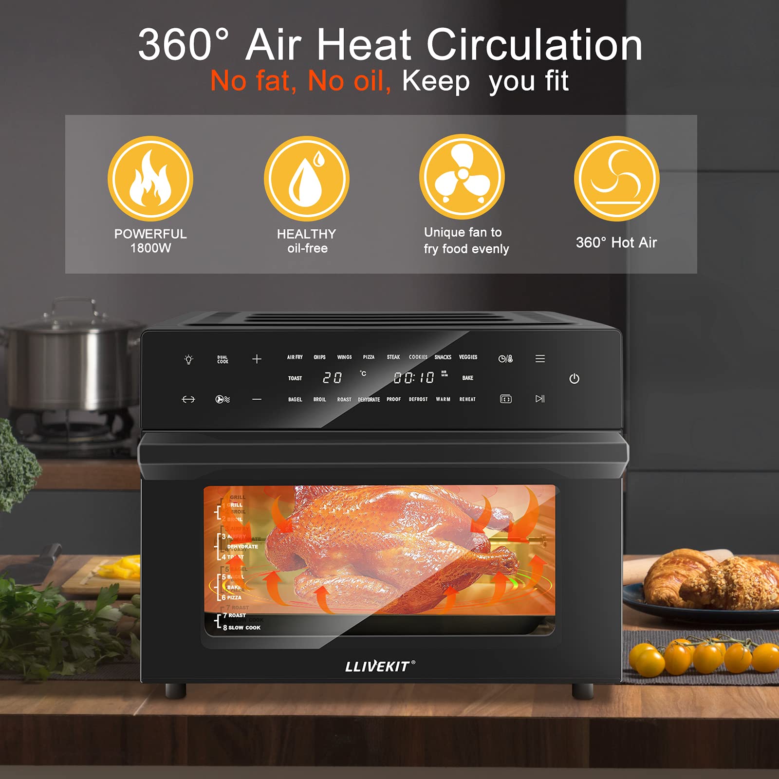 LLIVEKIT Air Fryer Oven with Rotisserie Mini Oven 30L Large Family Size