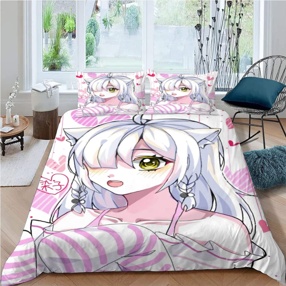 Housse de Couette 220x240 cm Dessin Animé Japonais Parure de lit Adulte 2 Personnes Manga Fille Microfibre avec Fermeture Éclair avec 2 Taies d'oreillers 65 x 65 cm