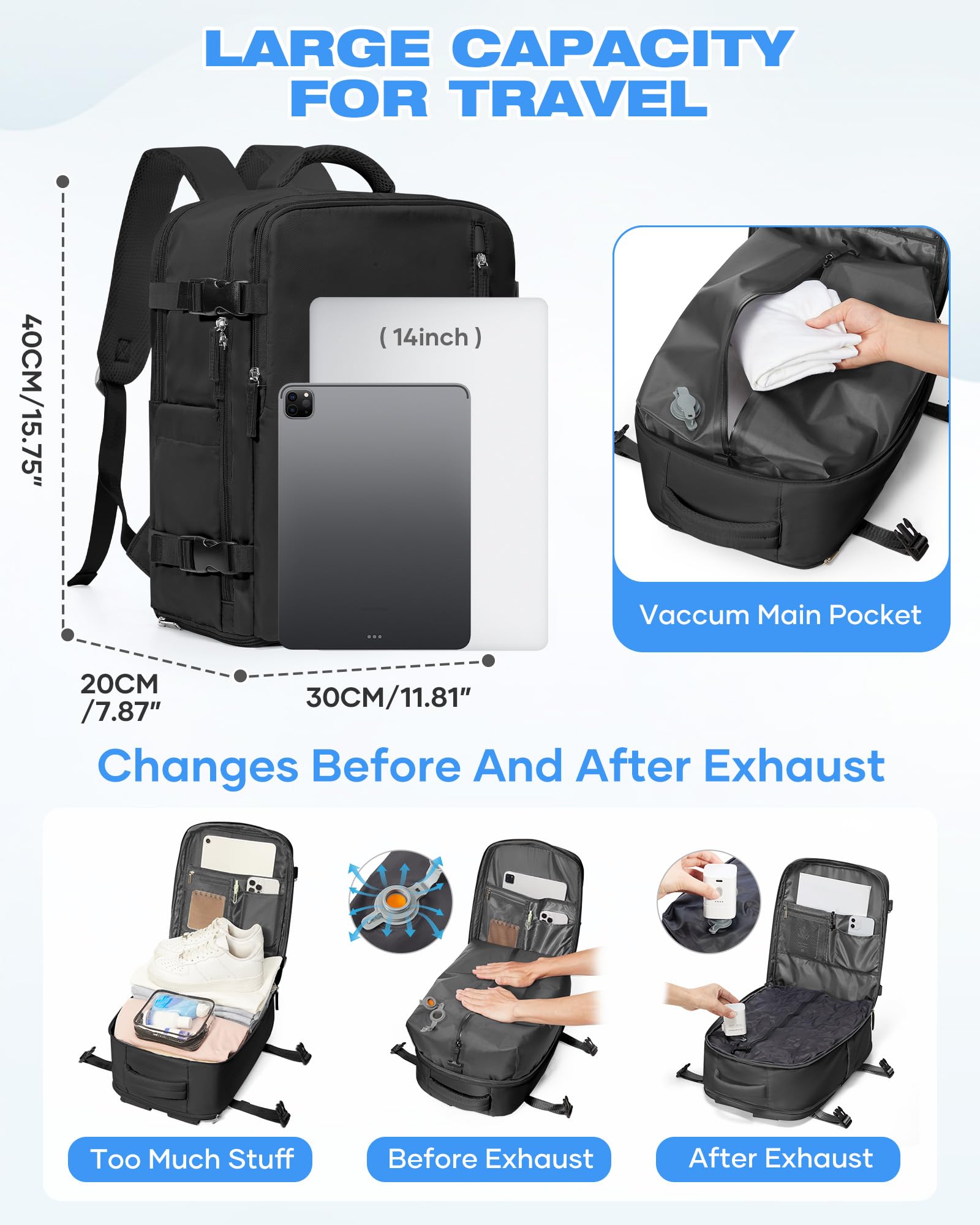 SZLX Sac à Dos Sous Vide Voyage 40x30x20 avec pompe Bagage Cabine 40x30x20 pour Ryanair Wizz air Bagage à Main Femme Sac à Dos pour Ordinateur Portable 14 Pouces Homme avec Compartiment à chaussures