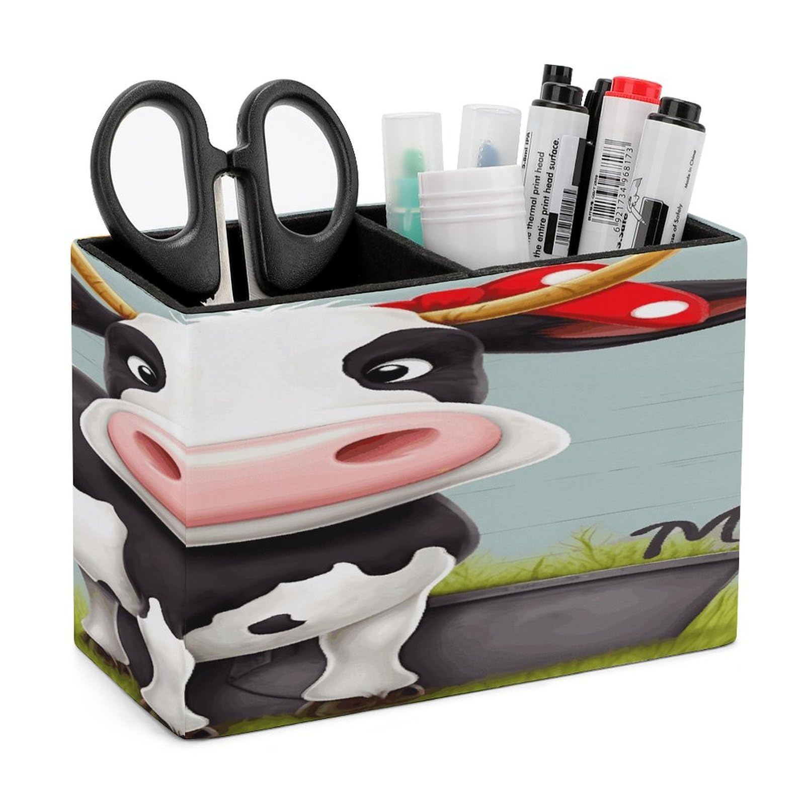 LZQPOEAS Cute Cow Leather Pen Holder with 2 Compartments Luxury Pencil Holder Minimalist Pencil Cup Brush Scissor Holders Elegant Pen Cup for Office Home Desk Accessories