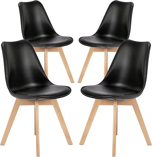 Miniatura 3 de NEWBULIG Paquete de 4 sillas de comedor, tapizadas de piel sintética con soporte de patas de madera, asiento de cocina moderno de mediados de siglo,