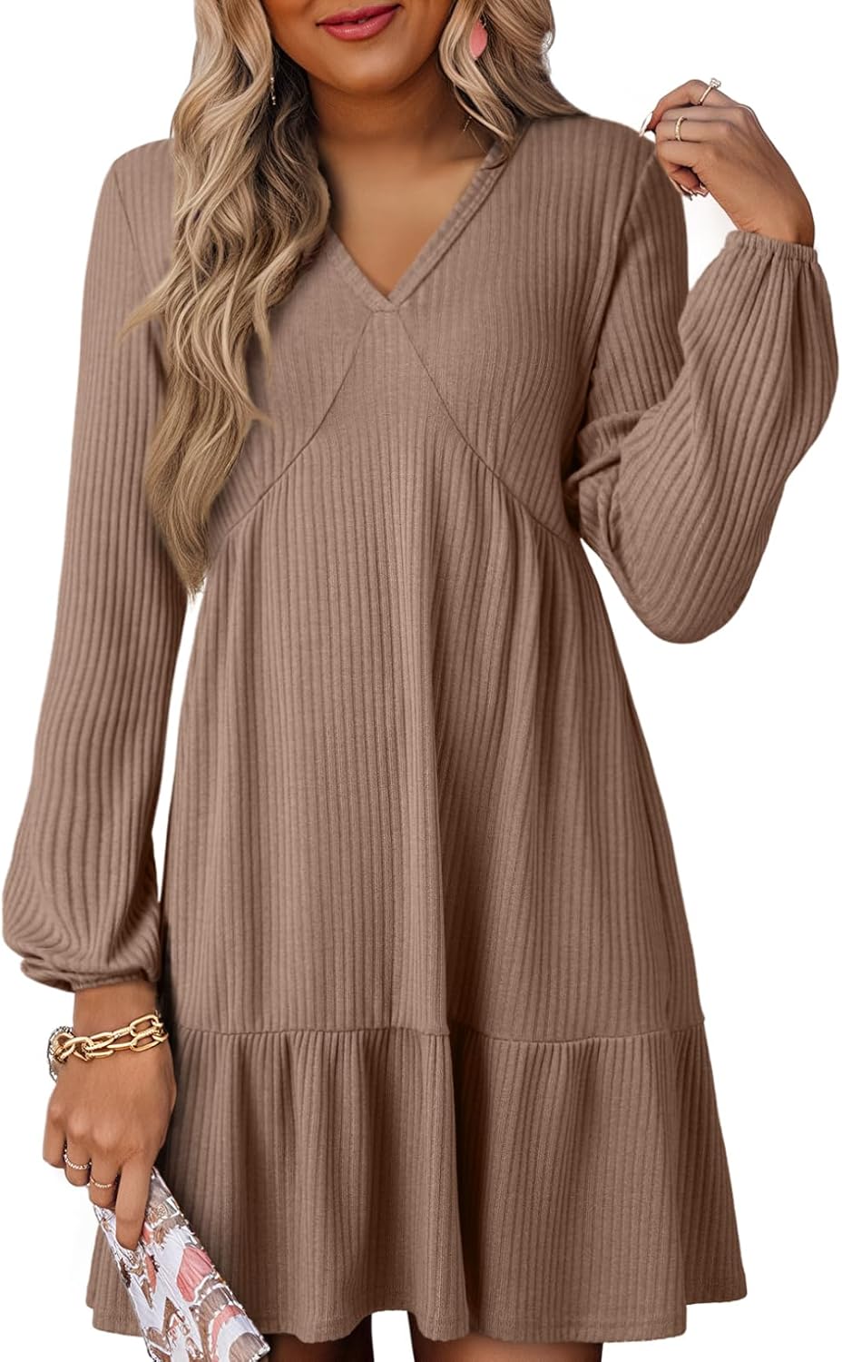 Dokotoo Spring Dresses for Women 2026 Long Sleeve V Neck Lightweight Ribbed Knit Empire Waist Casual A Line Swing Mini Dress