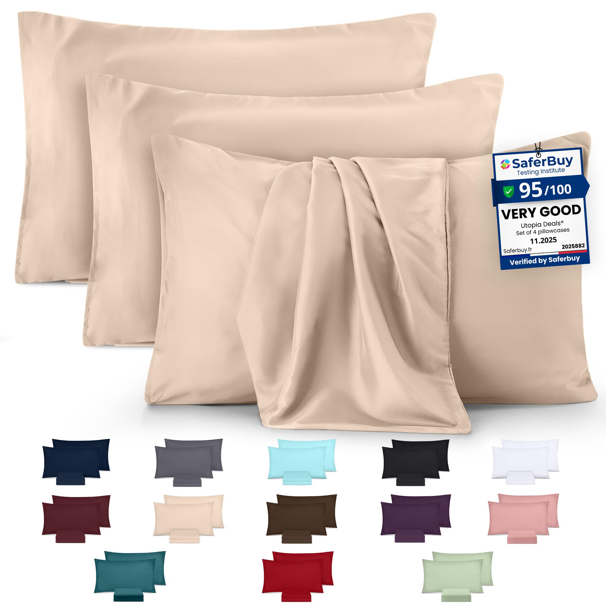 Utopia Bedding - 4 Pack Pillow Cases - OEKO-TEX - Standard Size 50x75 cm - 100% Brushed Microfiber Pillowcases with Envelope Closure, pillows not included - Wrinkle, Fade, & Stain Resistant - Beige