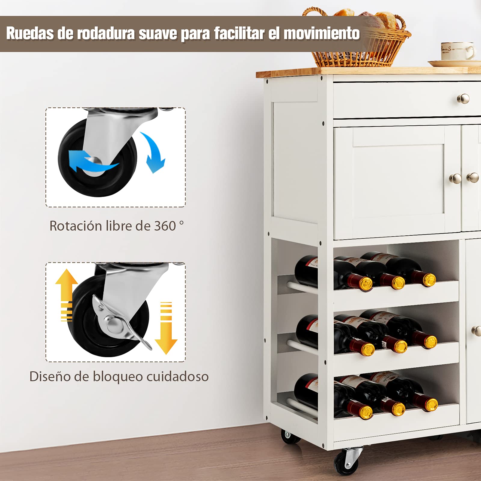 COSTWAY Carro de Cocina, Isla de Cocina con Superficie de Madera de Goma, Cajón, Botellero con 3 Niveles, 2 Armarios, Carrito Giratorio Ideal para Restaurante Cocina Bar (Blanco)