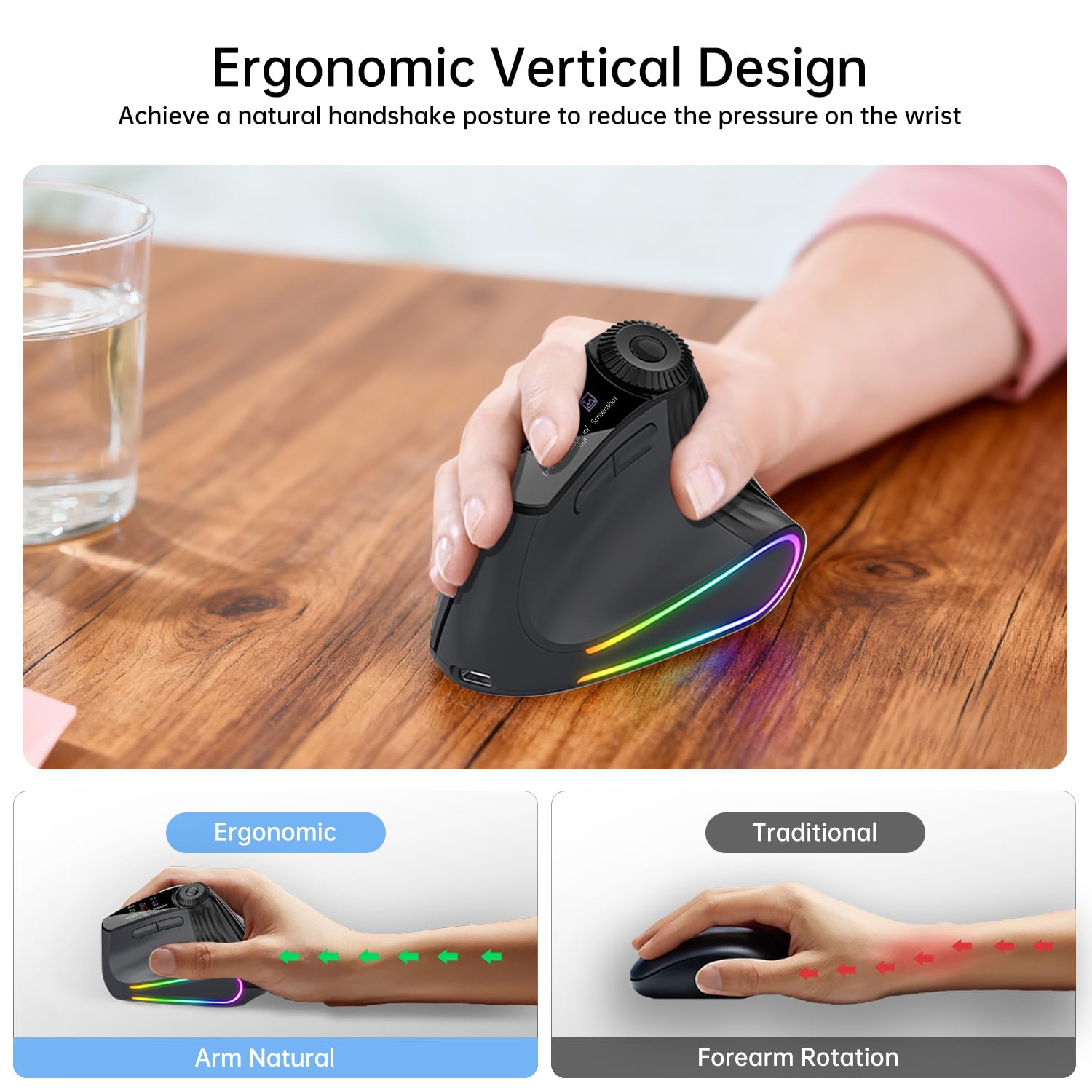 Mouse verticale ergonomico senza fili, ricaricabile Bluetooth ultraveloce scorrimento 4800 DPI, mouse Ergo 2.4G silenzioso clic 6 pulsanti mouse ottici RGB, 3 connettività multi-dispositivo