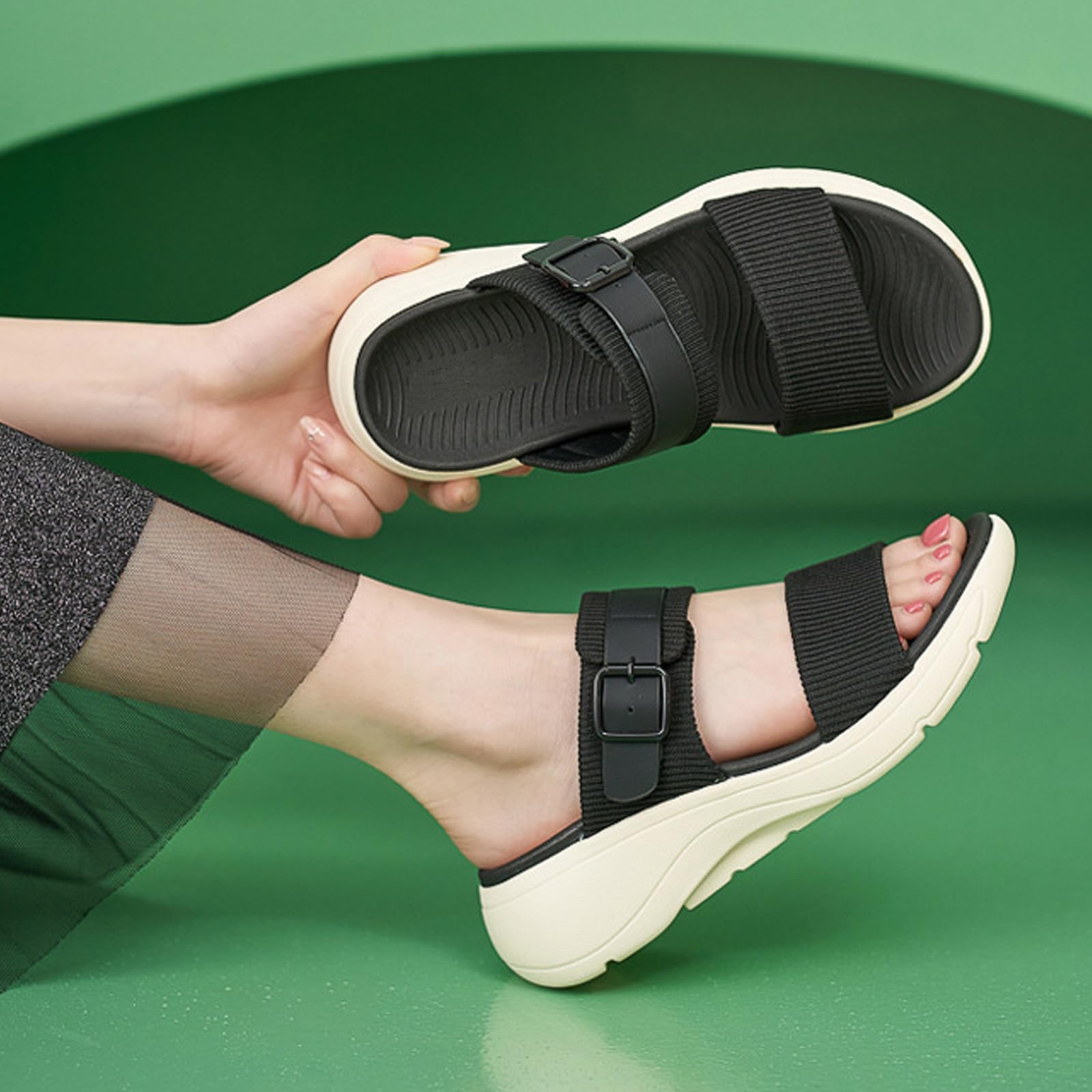 Damskie sandały sportowe, buty z odkrytymi palcami na koturnie, oddychające sandały z dzianiny z regulowanymi sznurowadłami, na plażę Trekking Walking